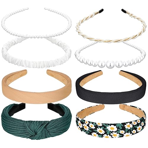 Dingion 8 diademas para mujeres y niñas, diademas anchas anudadas con perlas, lindas flores, aro para el cabello, accesorios antideslizantes para el