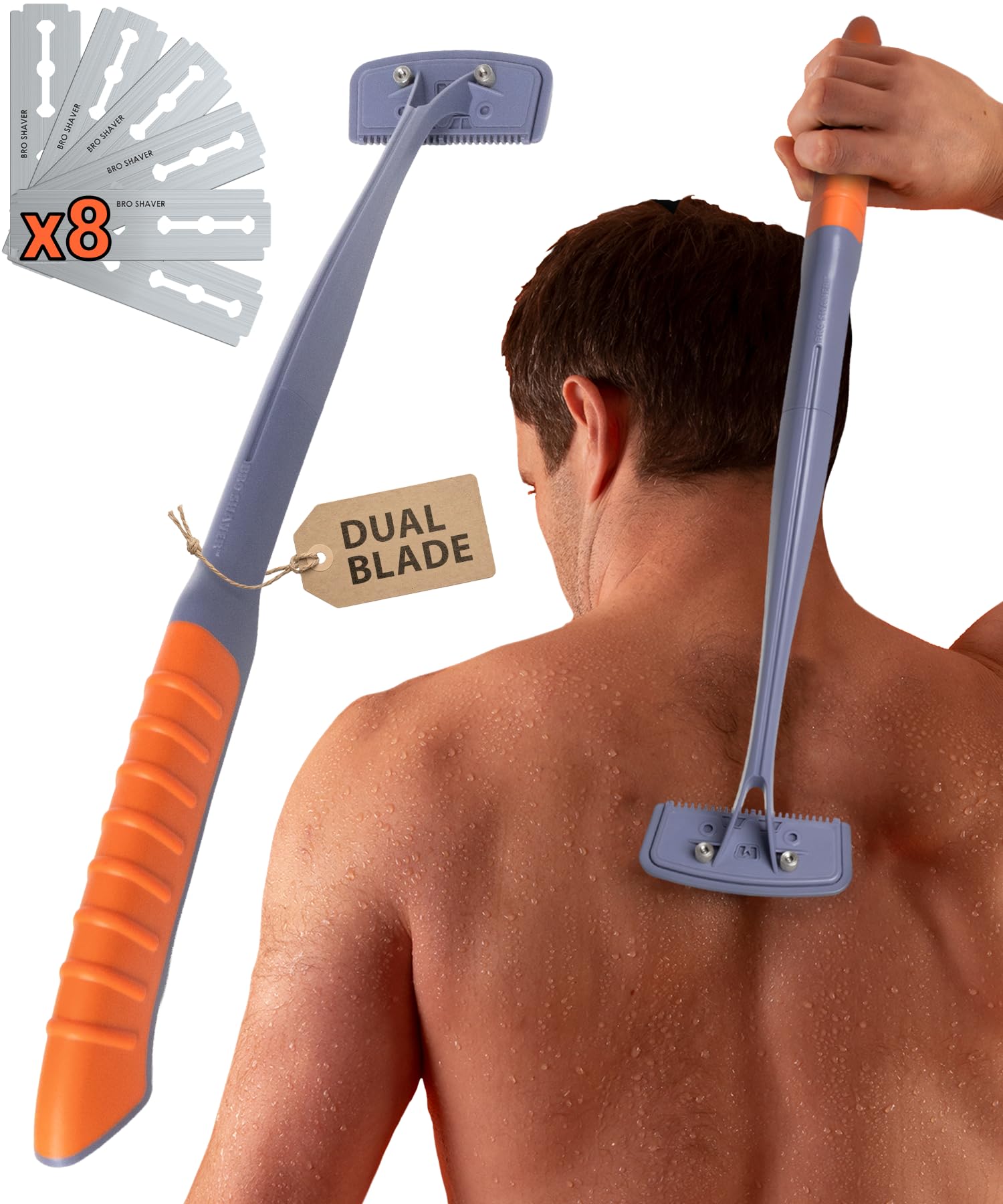 BRO SHAVER 3.0 Dual-Blade Back Shaver for Men (DIY) +8 Blades Back & Body Hair Trimmer. Shave Wet or Dry. Uses Double Edge Razor Blades. Ergonomic Handle, Fits 2 Blades