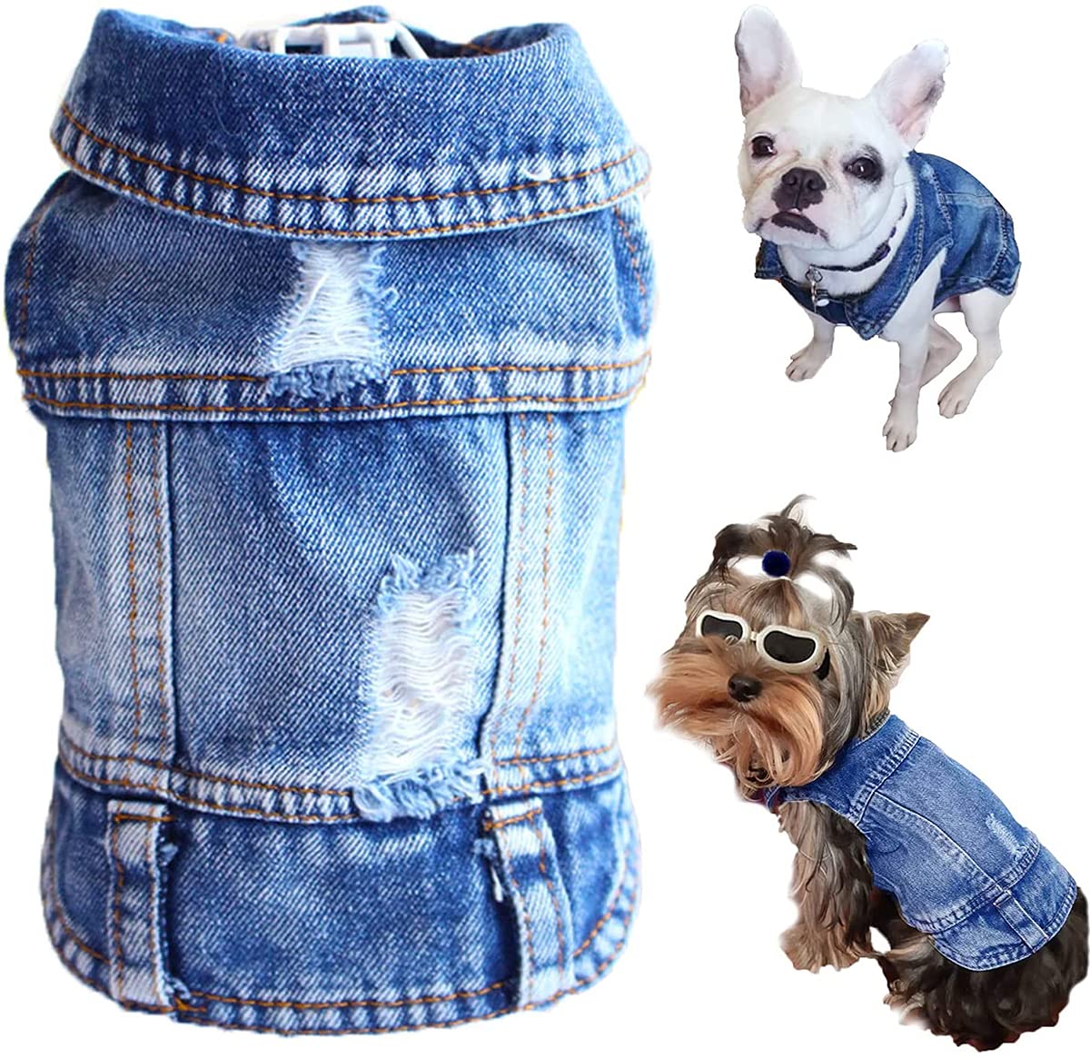 KASTWAVE Dog Jean Jacket, Pet Clothes Blue Denim Shirt Classic Lapel Vest Coat Costume Puppy T-Shirt, Comfort Tank Top Shirts Cool Apparel Small Medium Dogs Boy Girl, Cute Cat Outfits Washable