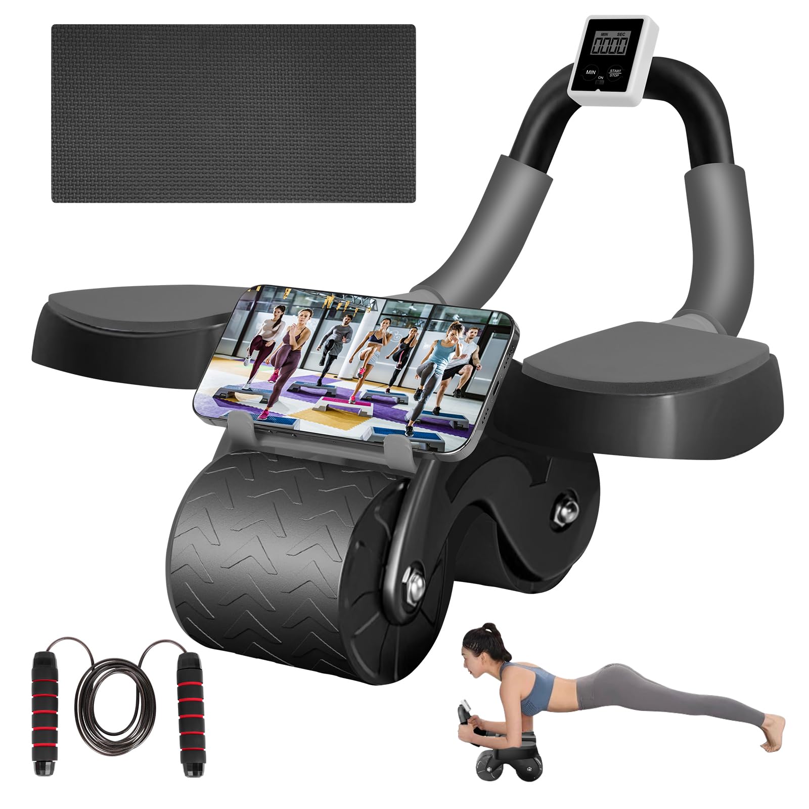 Flintronic Wheels Roller trener brzucha, automatyczne odbijanie brzucha, sprzęt fitness, trenażer brzucha z matą na kolana i timerem, do fitnessu, treningu, treningu