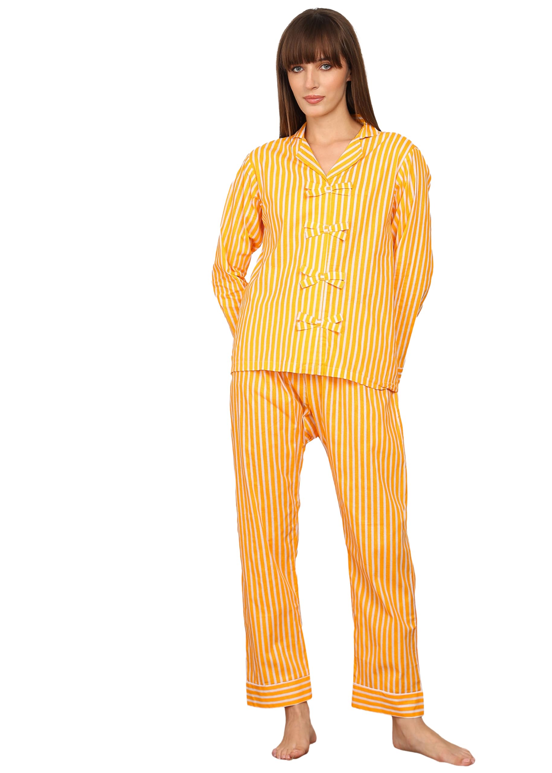 vlazom Women Cotton Striped Night Suit Set with Pocket | Full Sleeve Shirt & Pajama Co-Ord Set | Soft Breathable Sleepwear with Bow Detail | Comfortable Loungewear for Home-picture-53