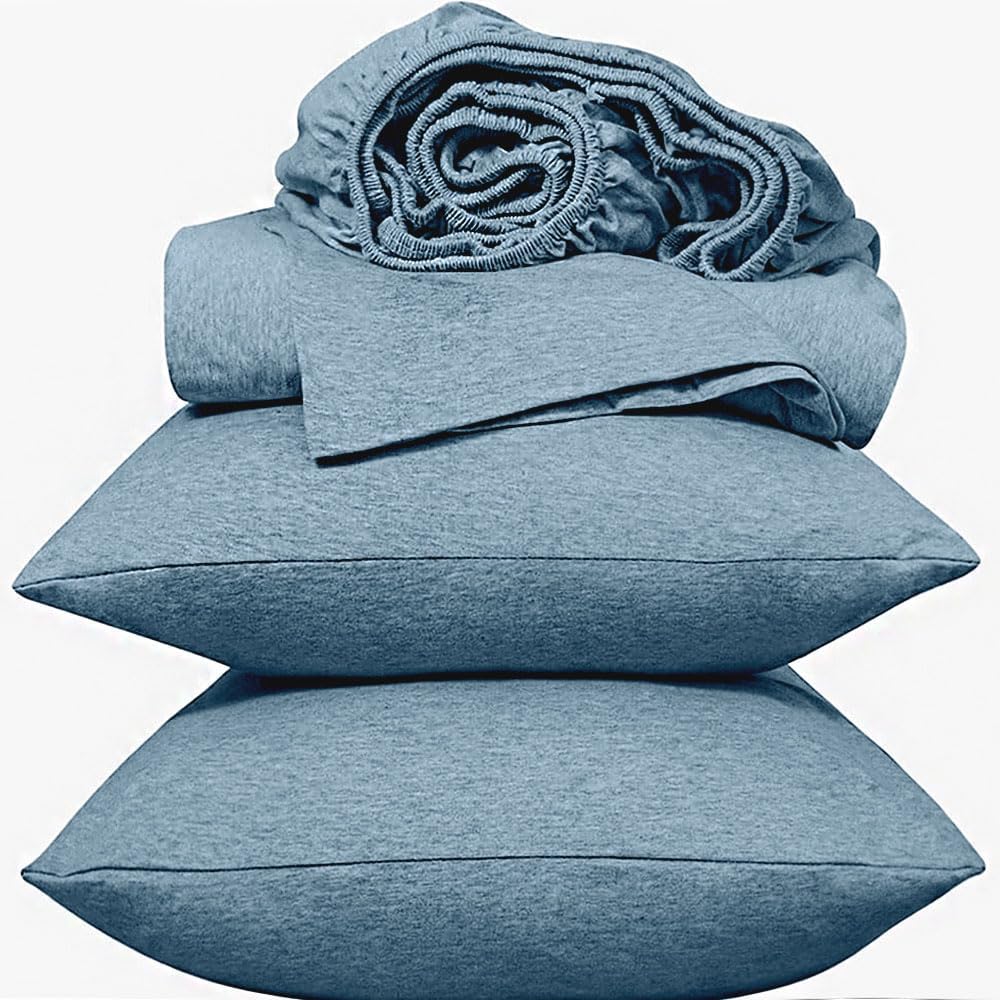 Queen Blue Cotton Jersey Sheet Set with Deep Pockets