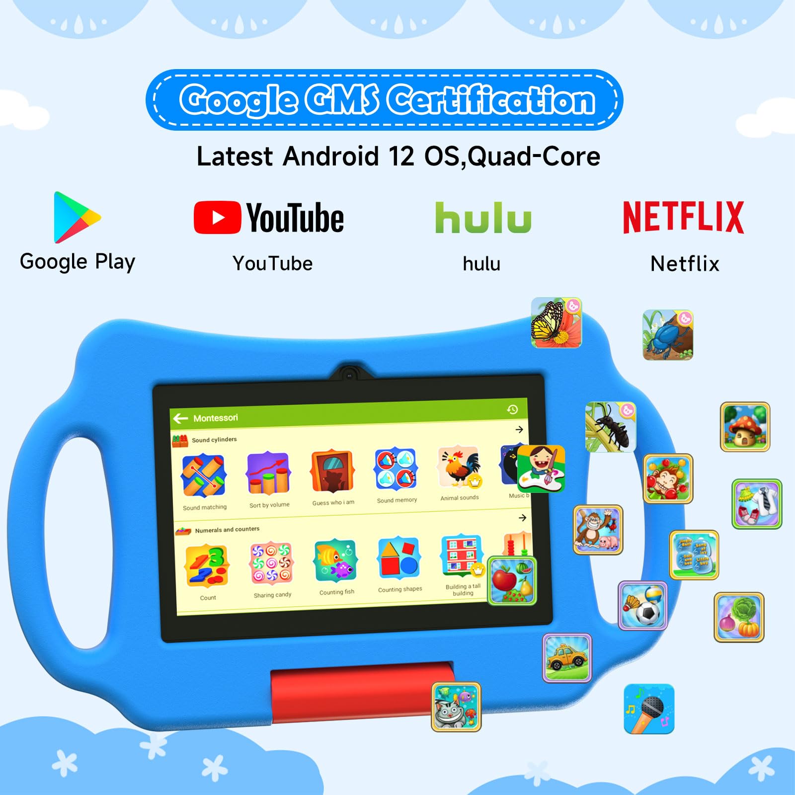 Tablet per bambini 7 pollici Android 12.0 per bambini, 4 GB di RAM 32 GB ROM Bluetooth IPS schermo controllo parentale doppia fotocamera antiurto custodia per giochi educativi (blu)