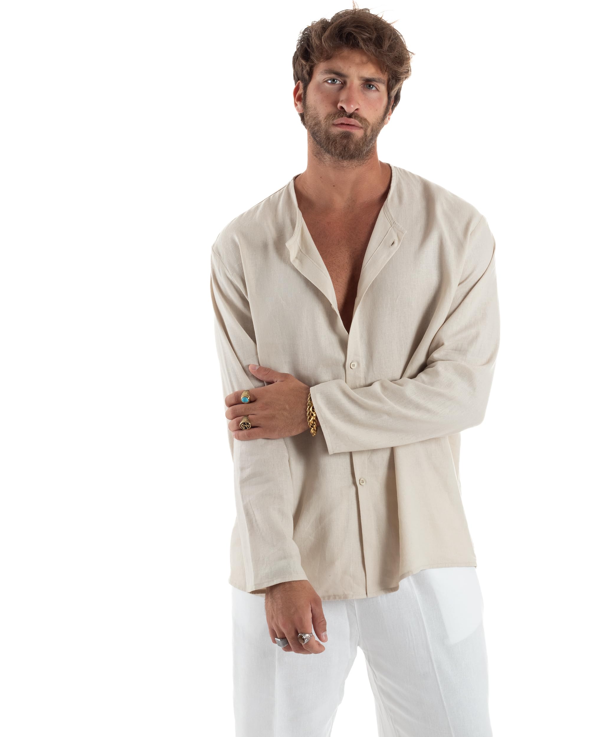 Camicia Uomo Casacca Lino Relaxed Fit Maniche Lunghe Casual Fresca Leggera Collo Serafino Tinta Unita Vari Colori
