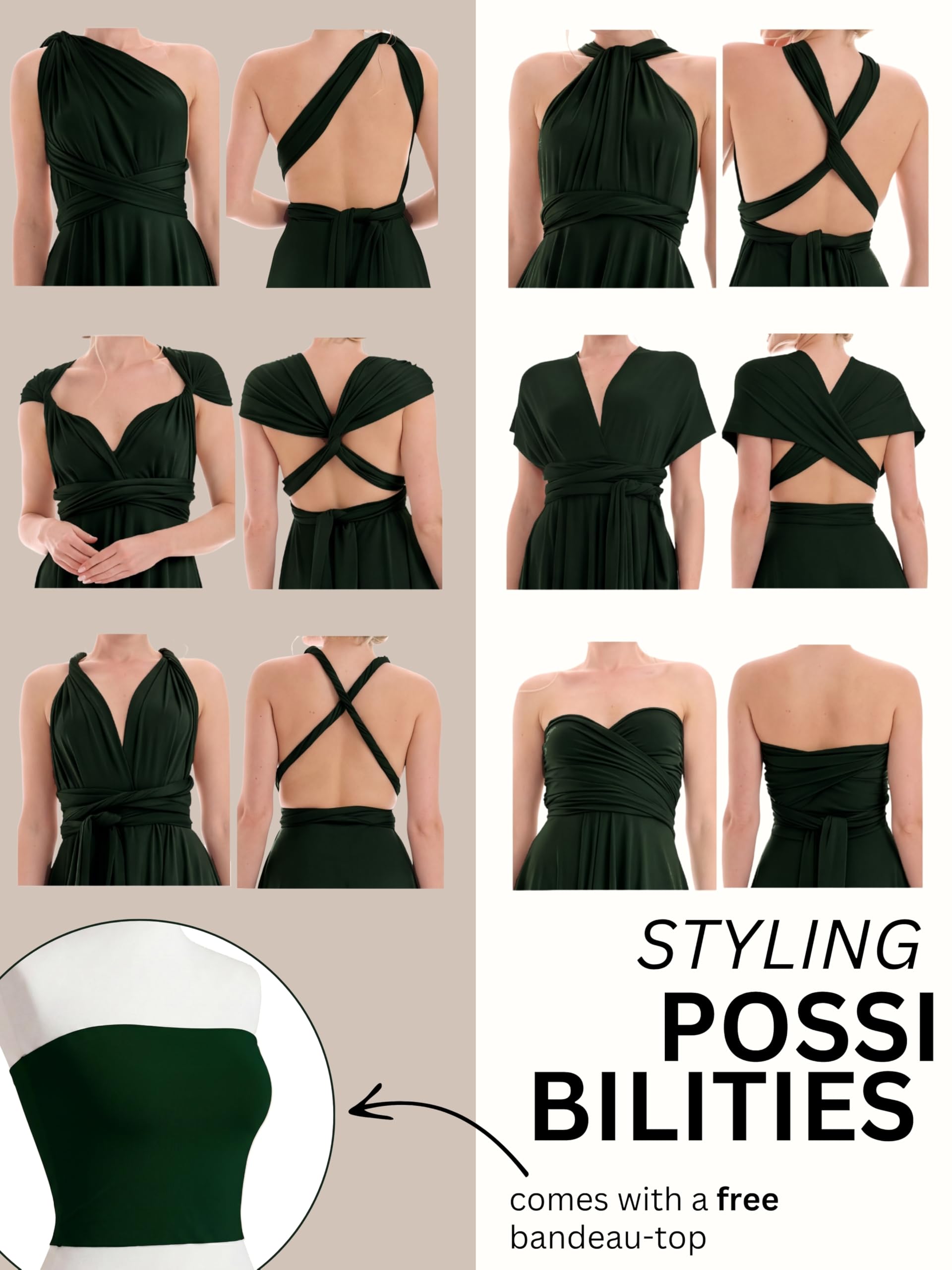 Juvell Sukienka Infinity - sukienka midi krótka - sukienka druhny na wesele - sukienka kopertowa Multiway - w zestawie bez rękawów typu bandeau, elegancka sukienka koktajlowa, suknia wieczorowa, bal