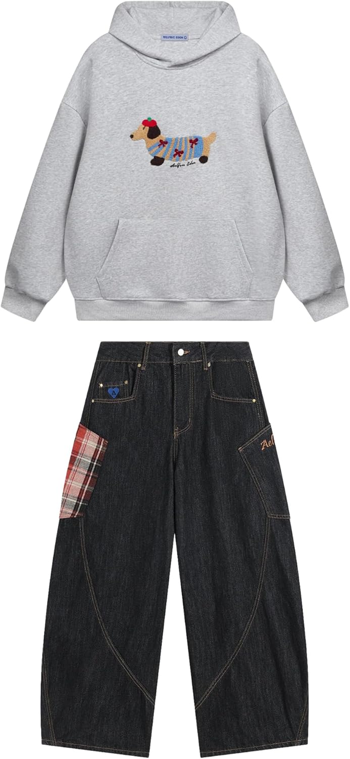 Aelfric Eden Cartoon Dog Hoodie Size X-Large and Super Baggy Barrel Jeans Size 32