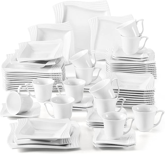 MALACASA, seria Amparo, 60 sztuk. Kremowa porcelana zastawa stołowa z serwisem do kawy, talerzem deserowym, talerzem do zupy i płaskim talerzem na 12 osób