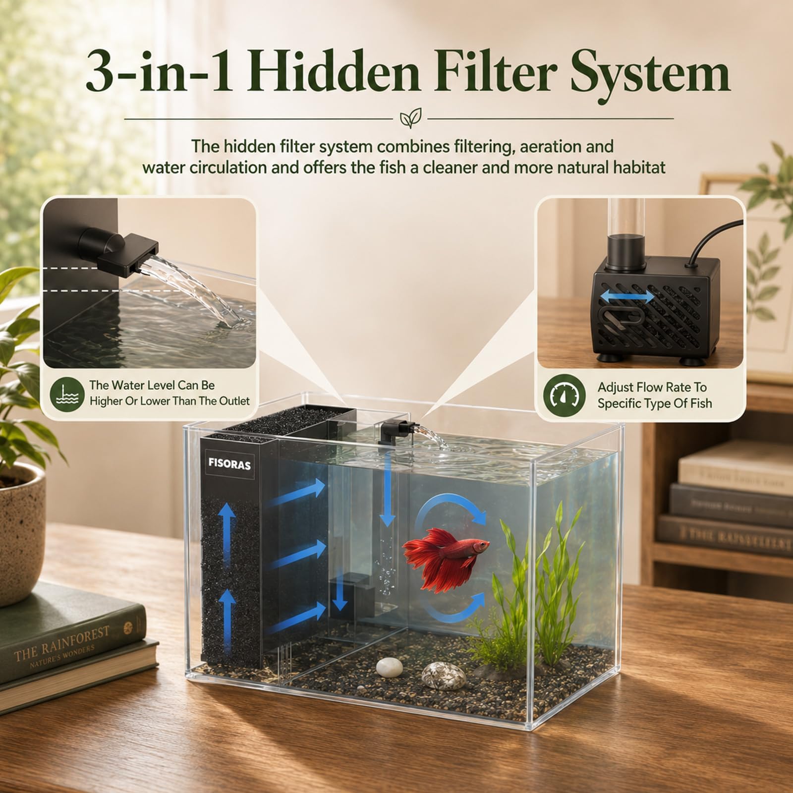 Petit aquarium Betta de 3,7 l en acrylique avec pompe silencieuse et filtre, éclairage LED avec 10 niveaux de luminosité et 3 modes de couleur, idéal pour poissons de combat, crevettes, petits