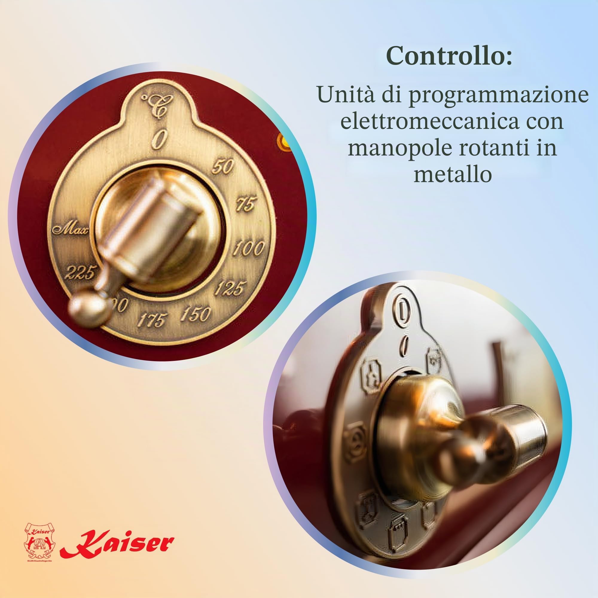 Forno elettrico da incasso 60 cm Kaiser EH 6355 RotEm Serie Empire Smalto Bordeaux con decorazioni in bronzo · Multifunzione 8 · Grill a infrarossi · Girarrosto · Autopulizia catalitica · Classe A