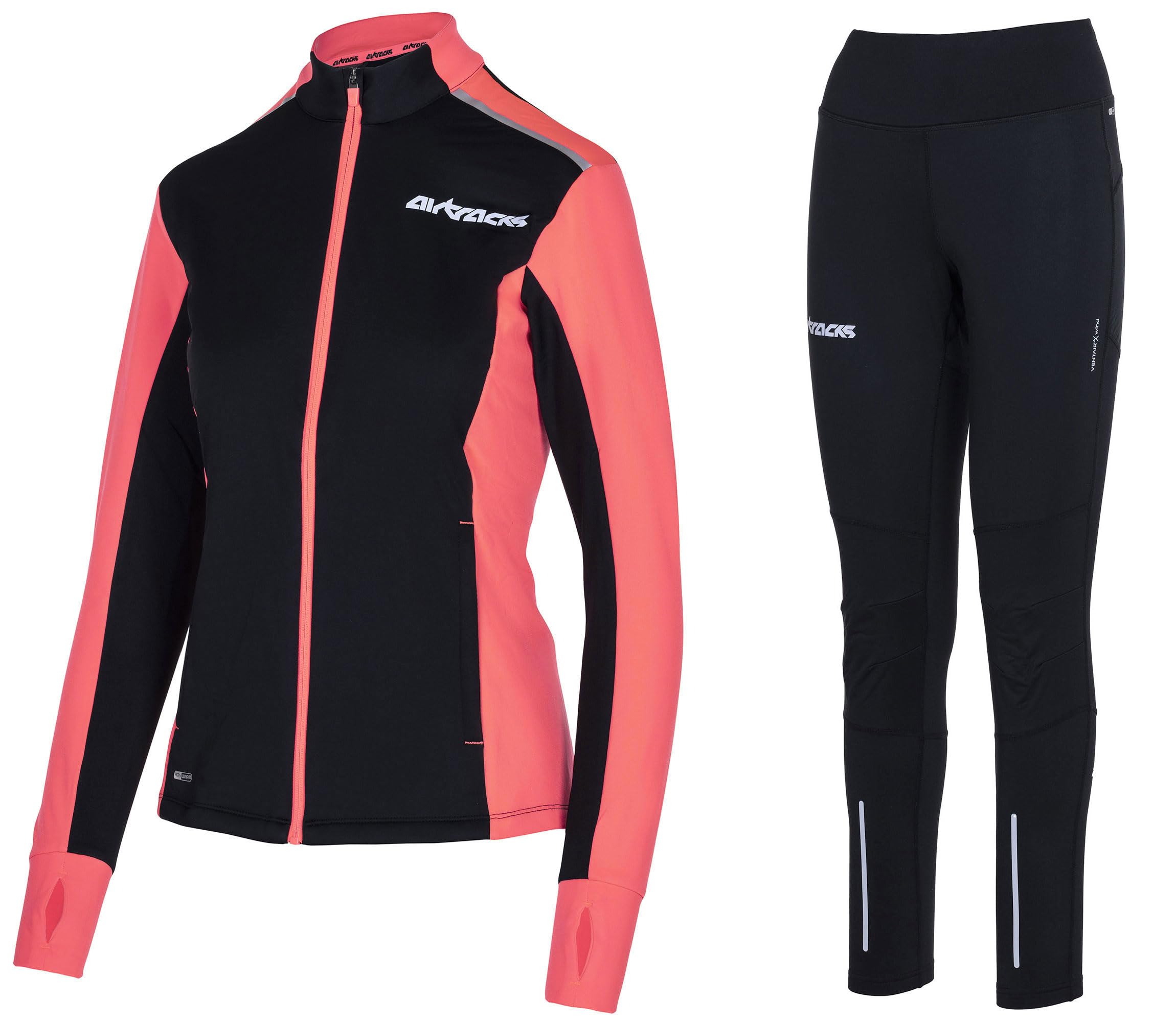 Airtracks Damen Winter Laufset Pro Line: Thermo Laufhose Lang + Thermo Laufshirt Langarm (Laufset, 2-TLG) - Wasserdicht - Winddicht - Atmungaktiv - Reflektoren