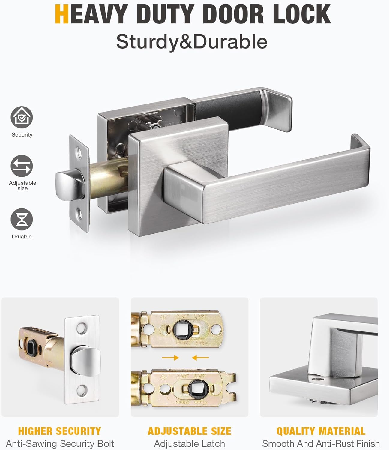 4 Pack Square Door Lever Door Lock Handle Lockset Keyless Doorknobs, Passage Knobs Lock, Interior Hallway Passage Closet Lock in Satin Nickel 2.1 lb One Lever