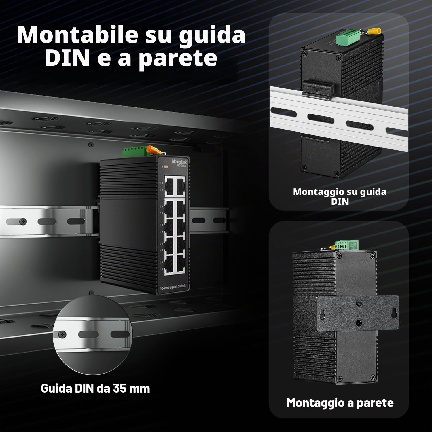 MokerLink Switch Ethernet industriale DIN-Rail Ethernet a 10 porte, switch di rete IP40 non gestito (da -40 a 185 °F), formato mini, con alimentatore
