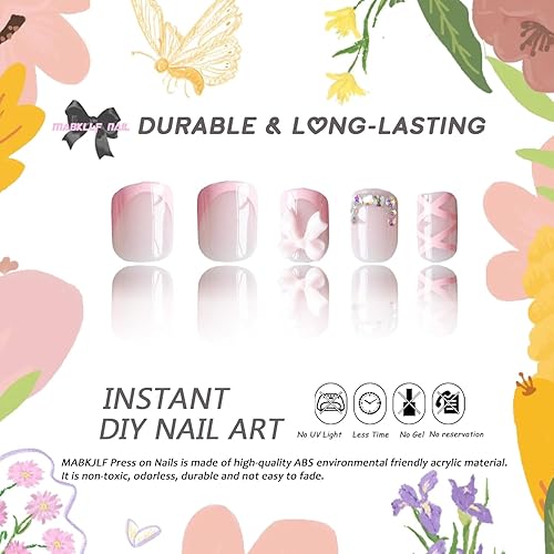 Miniatura 2 de Uñas postizas cortas cuadradas MABKJLF con punta francesa, uñas postizas de cobertura completa, con diamantes de imitación, con diseños, pegamento