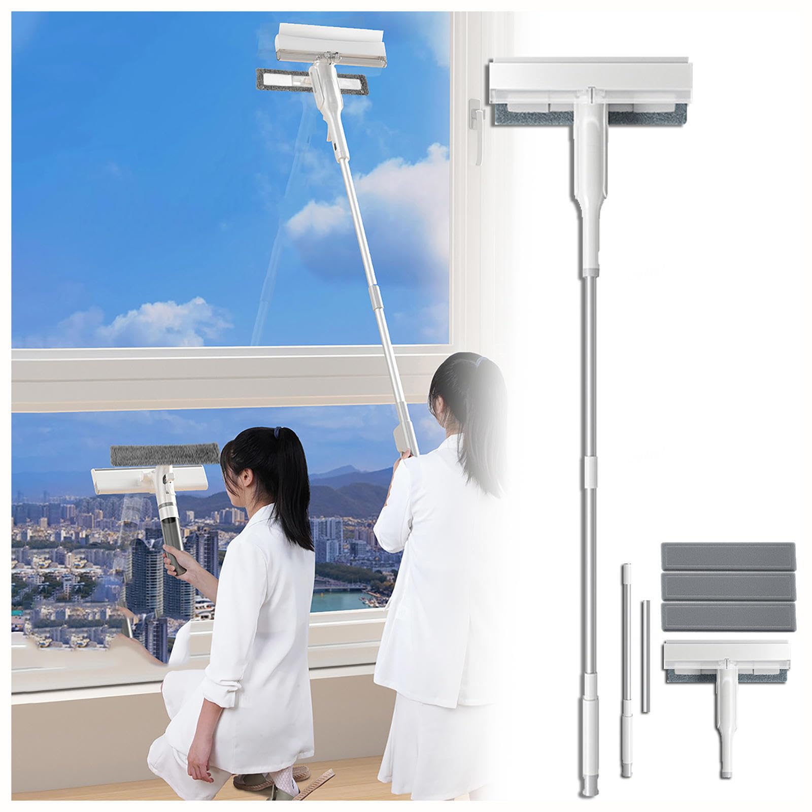 4 en 1 Spray Limpiacristales con Colector De Aguas Residuales Y 3 Paños Microfibra, Rasqueta Limpiacristales con Varilla De Extensión para Ventana De Coche De Ducha
