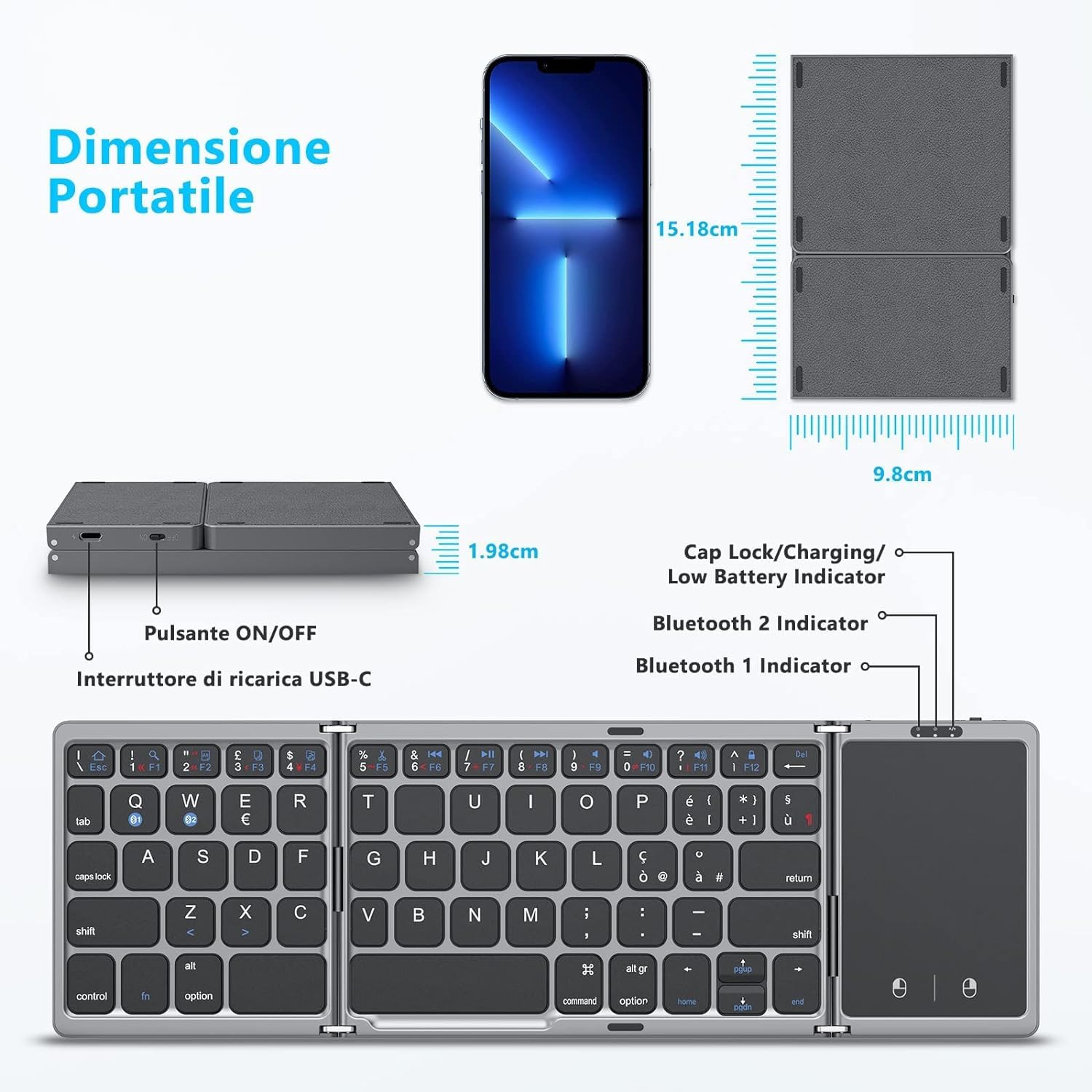 seenda Tastiera Bluetooth Pieghevole, Tastiera Wireless Leggera con touchpad, doppio Pairing, Ricaricabile, Connessione Stabile PC/tablet/iPad/Smart TV, Sistema Windows, iOS, Mac OS, Android