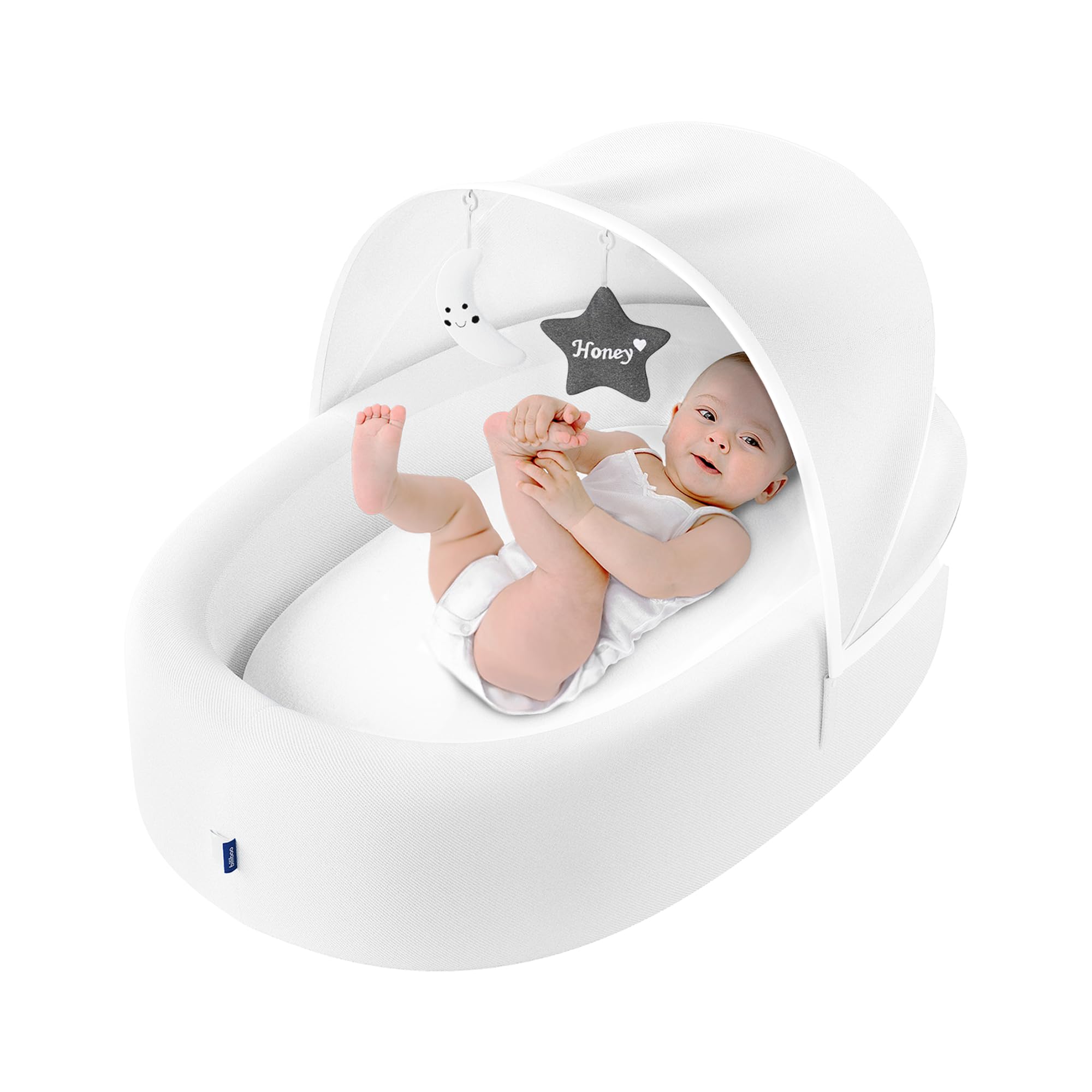 Premium Portable Baby Lounger Nest – Foldable Travel Bassinet for Newborn & Infant with Mesh Canopy, 2 Toys, Waterproof Mattress & Removable Cover – White
