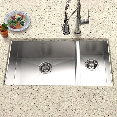 Miniatura 4 de Houzer Contempo - Fregadero de cocina de acero inoxidable fregadero de 33 pulgadas bajo encimera 7030 doble derecho con colador y rejillas, duradero