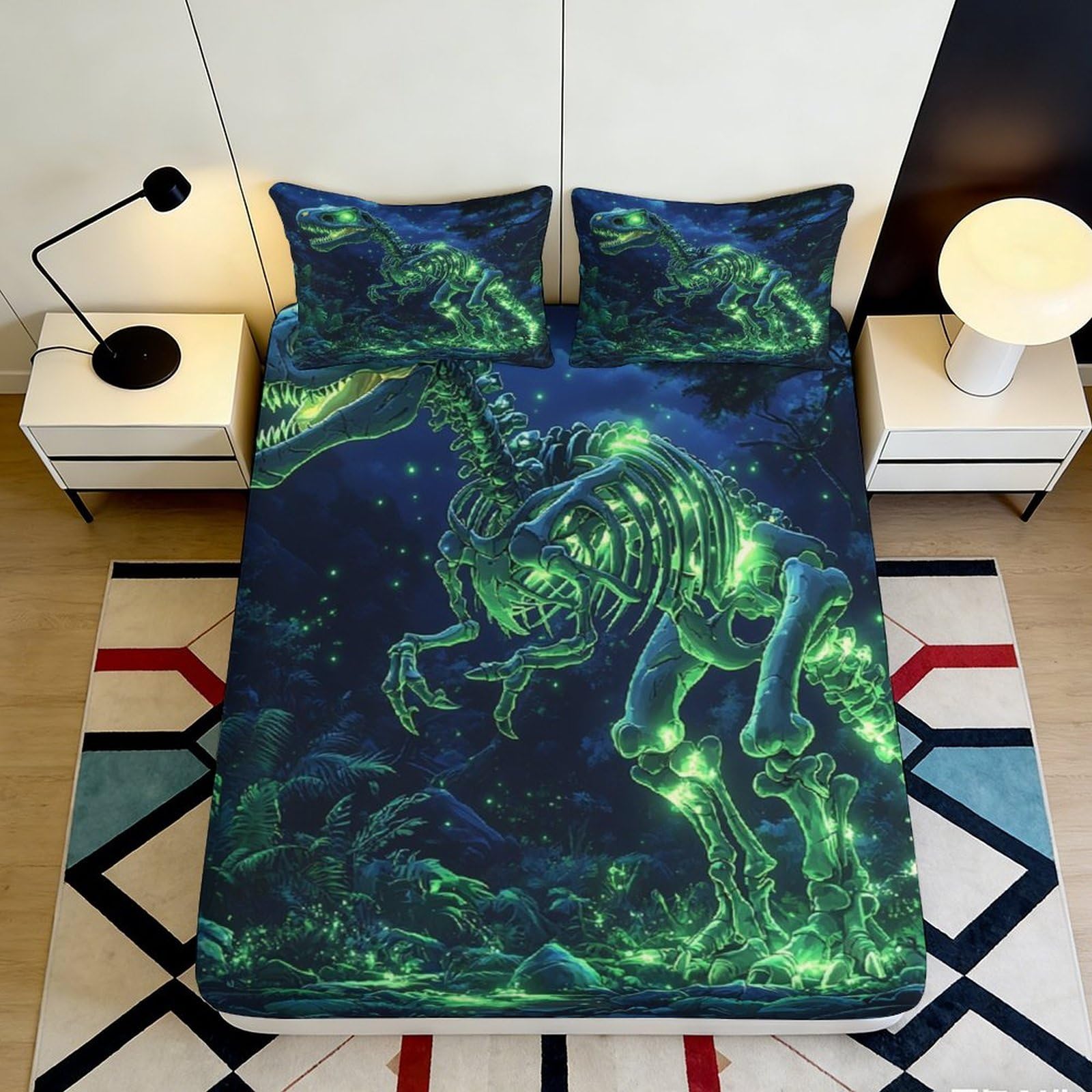 3D Printed Glowing Dinosaur Skeleton Fitted Sheet Microfiber Soft Green Jurassic Bed Cover for Bedroom Dorm Decor 90x200x25cm