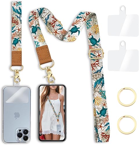 Cordón cruzado para celular con correa para muñeca, diseño de tortuga marina, para colgar alrededor del cuello, correa ajustable, bonito, para