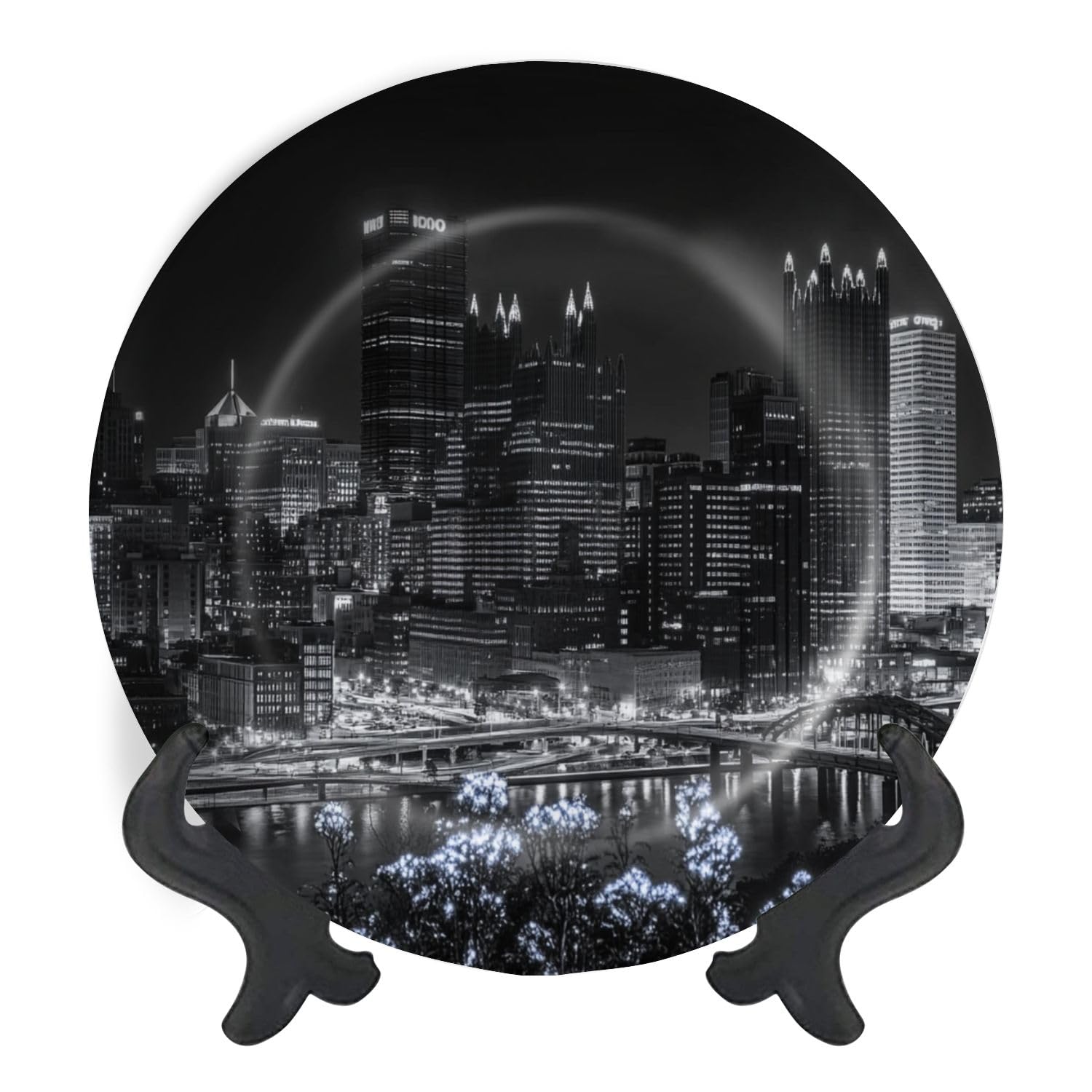 Decorative Plates for Display View Pittsburgh skyline night from Mount Pittsburgh Gift Plates Ceramic Collections Plates Hanging Artwork for Living Dining Room Kitchen Souvenir