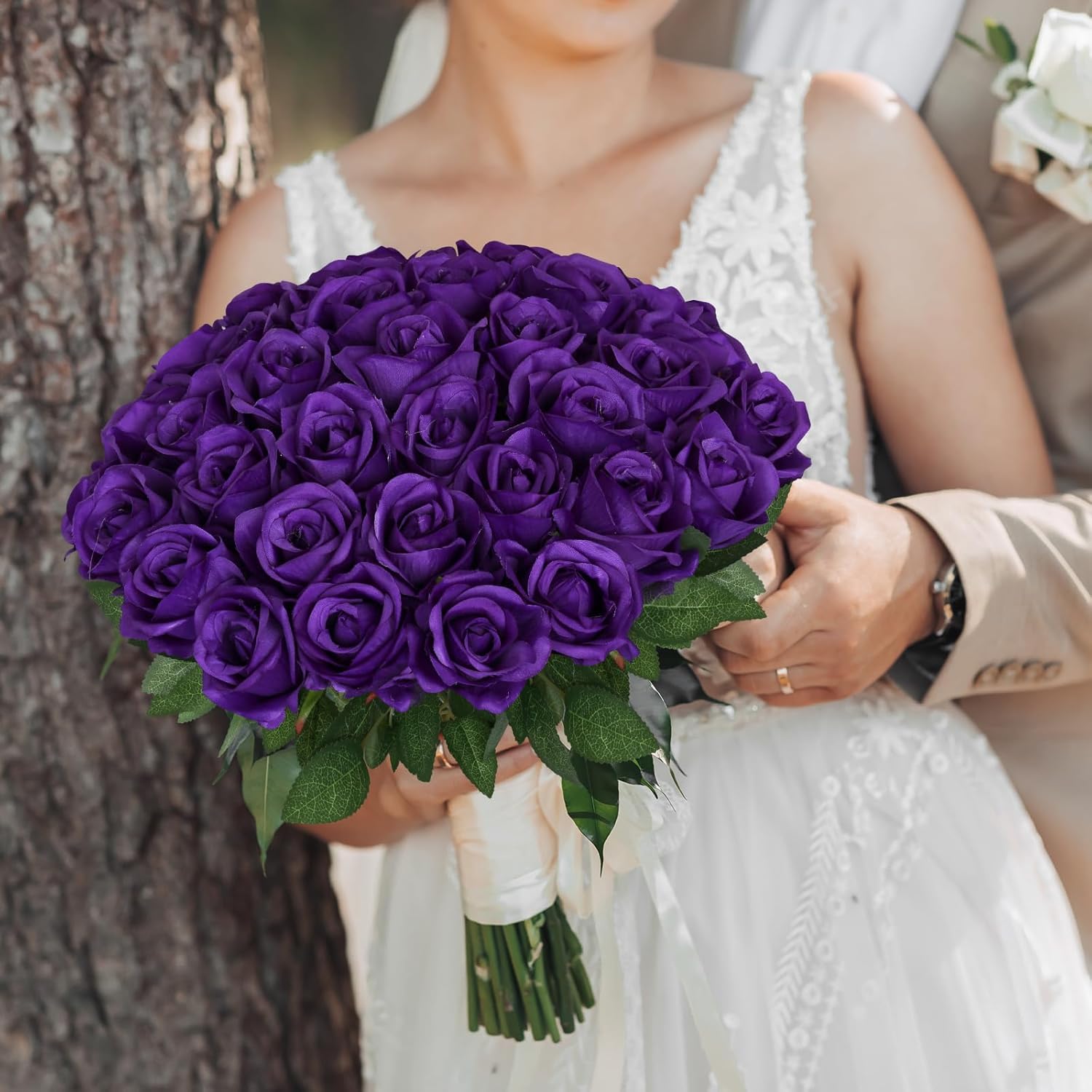 30pcs Fake Roses Artificial Silk Flowers Long Stems Bouquet for Wedding Bridal Shower Party Home Decoration (Dark Purple)