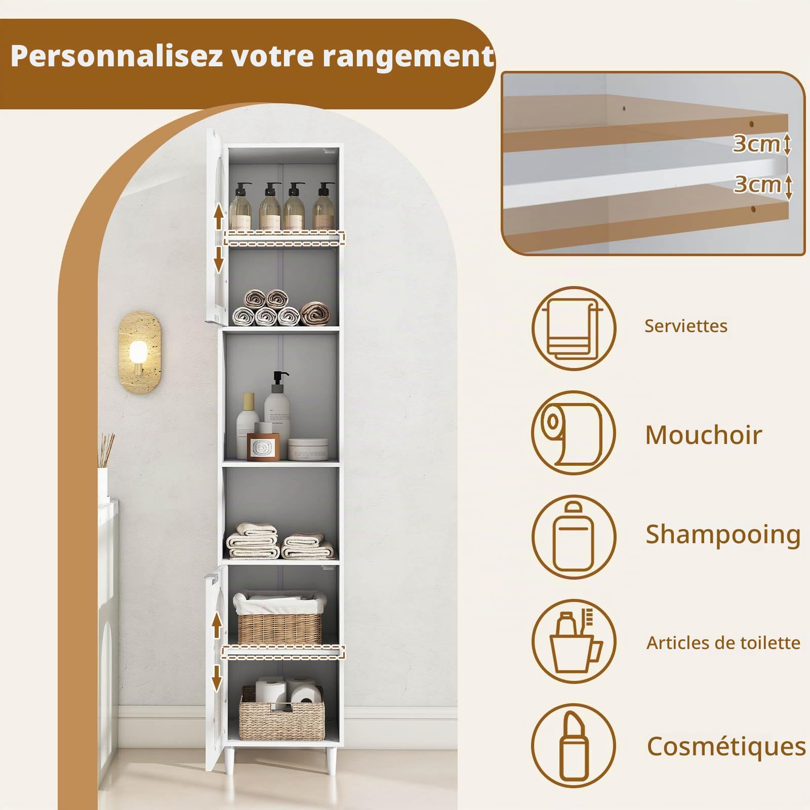 GIANTEX Meuble Colonne Salle de Bain, Armoire Étroit Autoportante 180 cm avec Étagères Réglables, Compartiments Ouverts, Portes en Verre Trempé, Meuble de Rangement pour Salon, Cuisine, Blanc