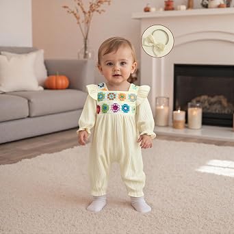 Baby Girl Crochet Romper Long Sleeve Floral Jumpsuit Crochet Flower Bubble Romper Headband Set Newborn Fall Clothes