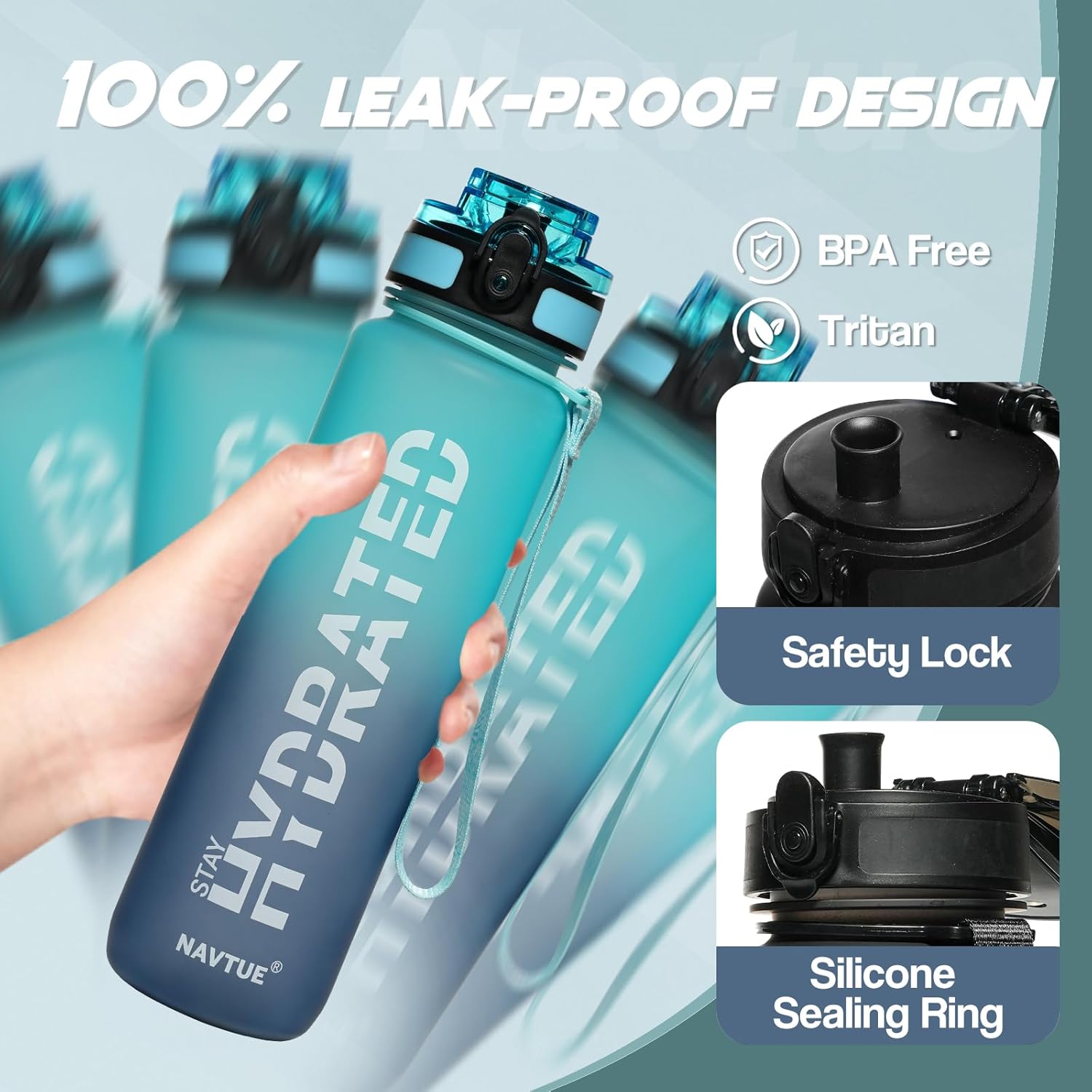 Water Bottle, 32 oz Sports Water Bottles with Time Marker Wide Mouth, Motivational and Leakproof Drink Bottle, BPA Free Tritan with Carry Strap for Gym Fitness Outdoor(1 Bottle) - Image 4