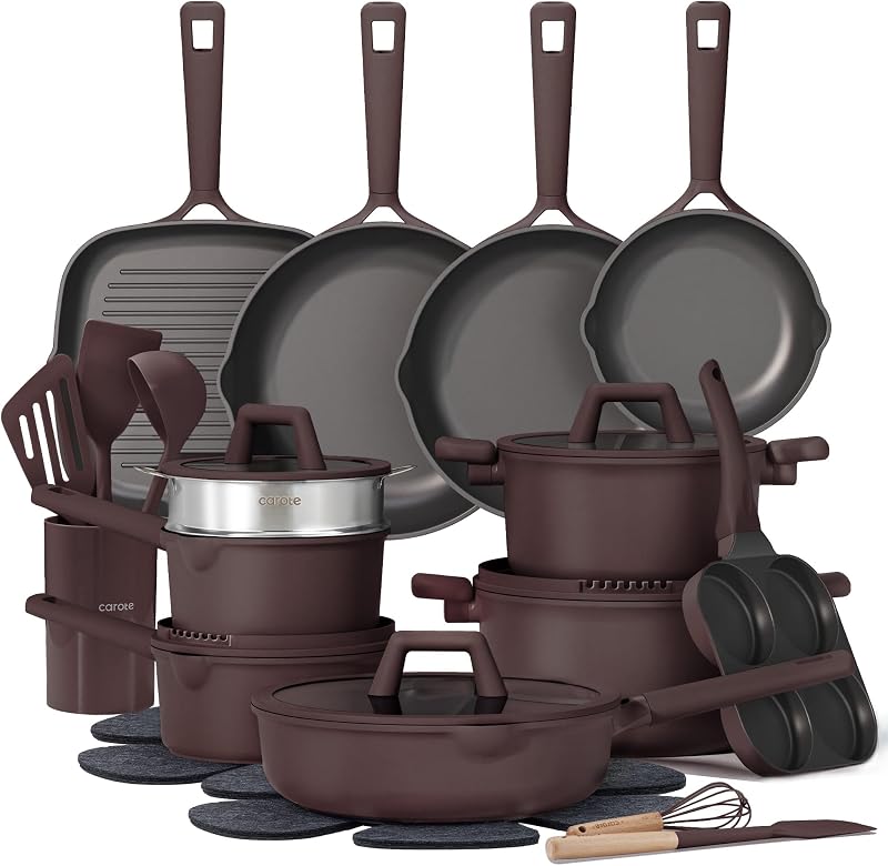 CAROTE 31pcs Nonstick Cookware Sets, Pots and Pans Set | Egg Pan & Grill Pan Included, Ultra Durable, Fast & Even Heating, Easy Clean, All-Stovetop Compatible