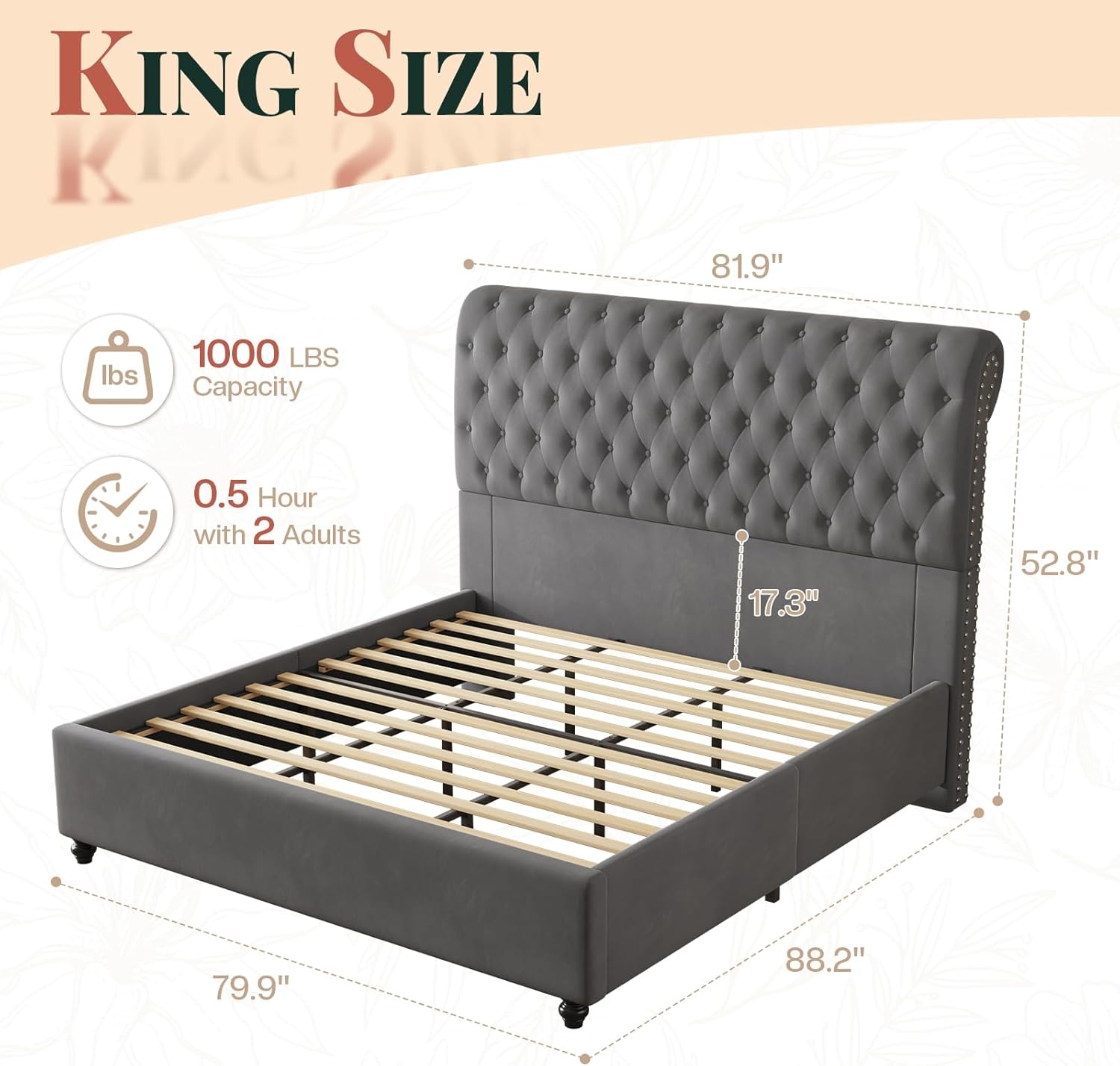 Jocisland King Size Bed Frame with 53" Tall Headboard, Velvet Upholstered Platform Sleigh Bed with Button Tufted Solid Wood Legs, No Box Spring Needed, Easy Assembly, Gray