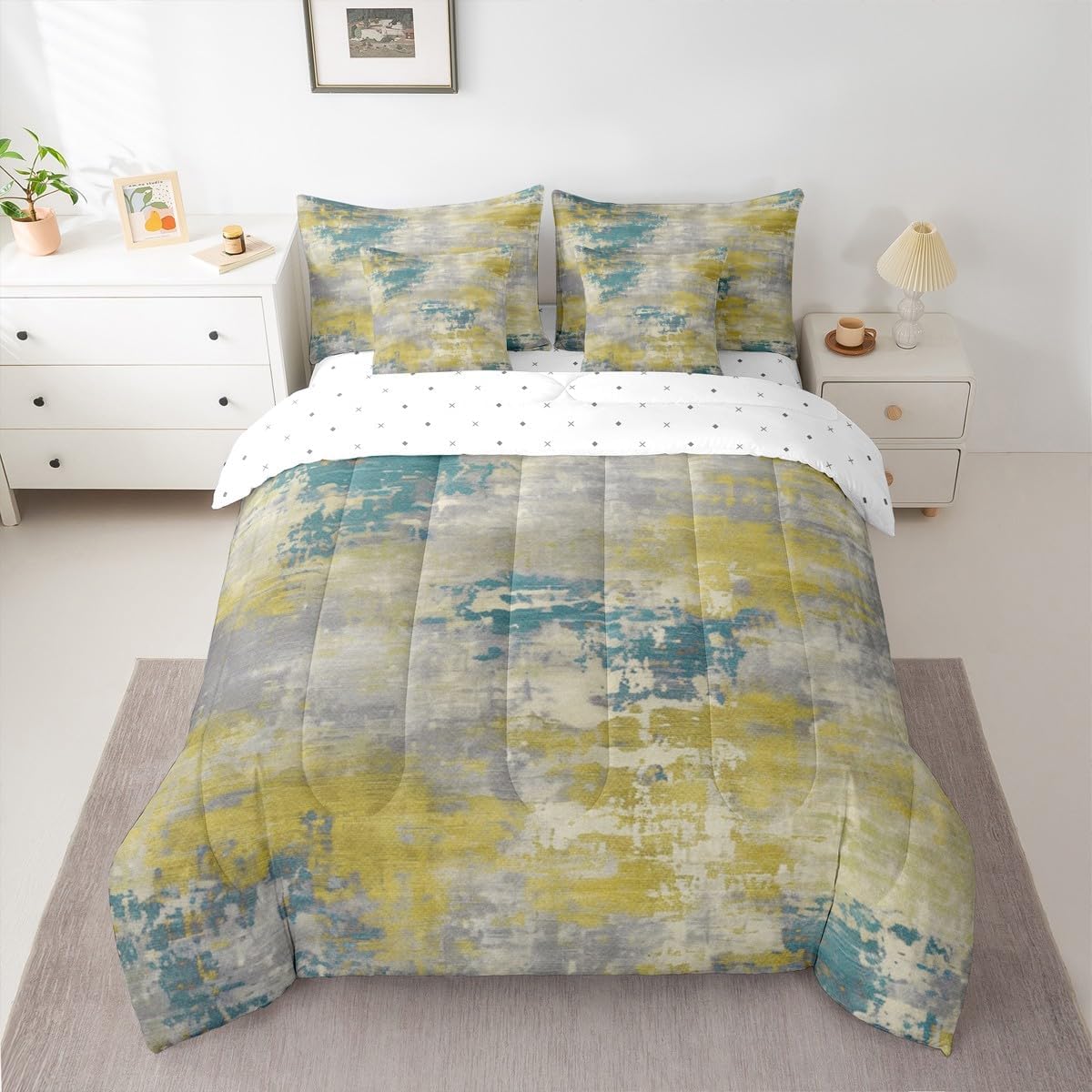 Erosebridal Lime Green and Blue Watercolor Comforter Set 7 Pcs,Modern Abstract Bed in A Bag for Kids Teens Adult,Ombre Gradient Tie Dye Fitted Sheet,Grunge Aesthetic Quilt Set (Lime Green Blue,Full)