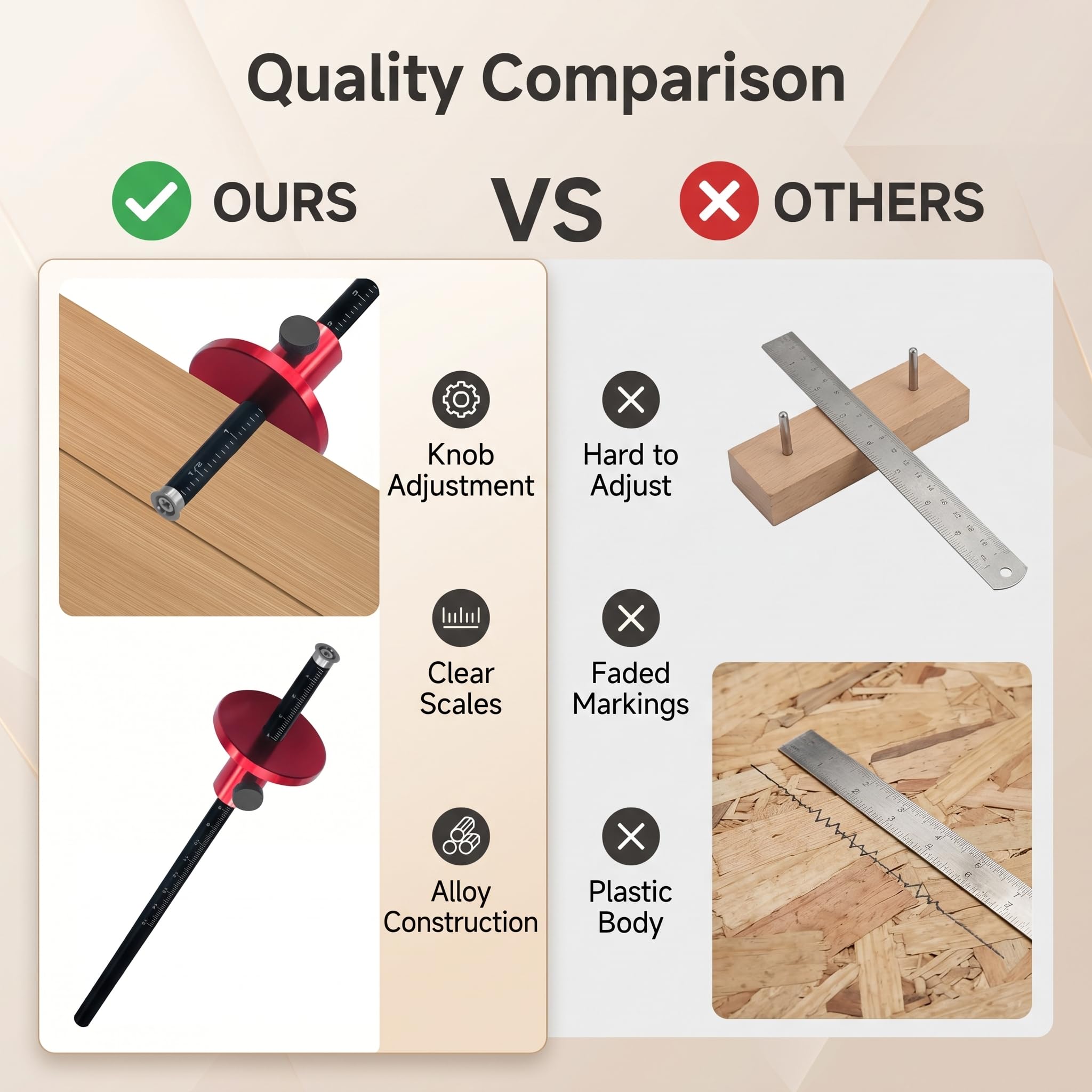 Walfront Calibrador de Marcado de Madera Ajustable con Básculas Métricas y en Pulgadas, Rayador de Carpintería de Aleación de Aluminio para Reparaciones de Muebles, Proyectos de Madera