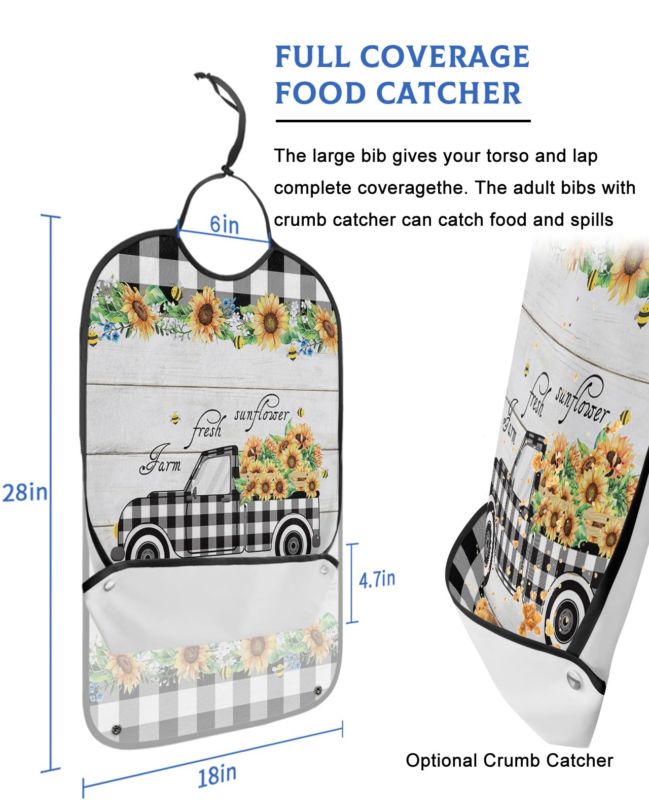 Sunflower Adult Bibs for Eating, Waterproof Bibs with Food Catcher & Adjustable Snap Closure, Black White Plaid Truck Spring Floral Wood Washable Clothing Protectors Adult Bibs for Elderly Women/Men