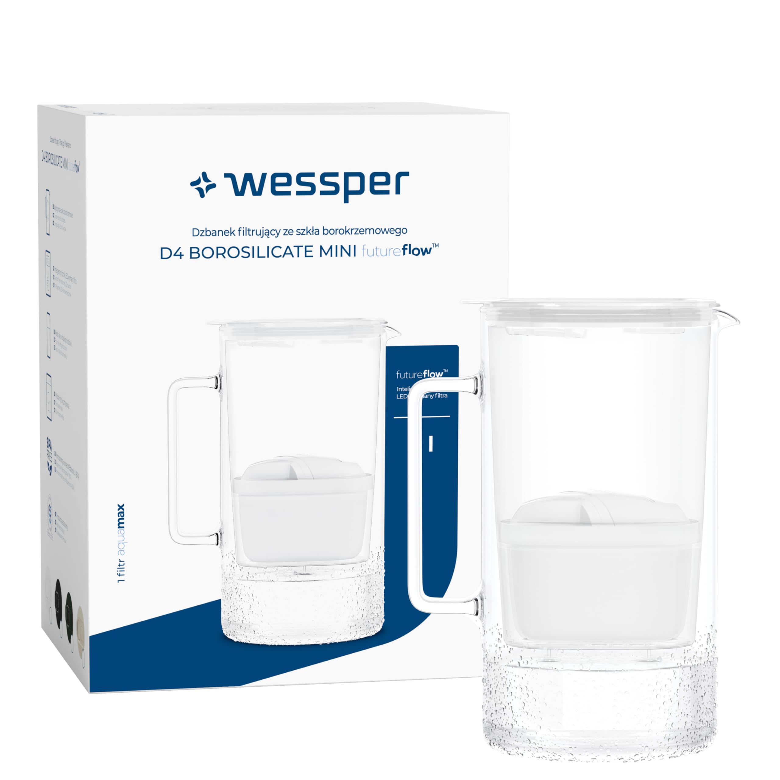Wessper Carafe filtrante en verre 2L, sans BPA Carafe à eau avec compteur de filtre intelligent, Pichet avec cartouche filtrante au charbon actif et anti-calcaire - Blanc