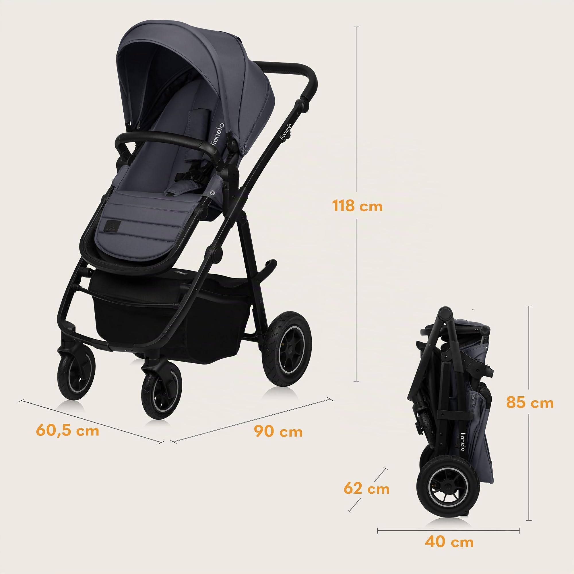 LIONELO AMBER PLUS poussette multifonctionnelle 3 en 1 de 0 à 4 ans jusqu'à 22 kg avec nacelle XL, siège auto jusqu'à 13 kg, dossier réglable, grandes roues tout-terrain 360o, capote XXL (Grey)