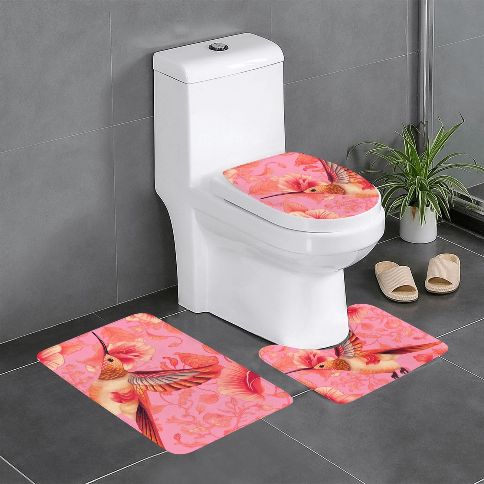 Tapis de bain colibri rose en lot de 3 pièces absorbant et antidérapant pour douche