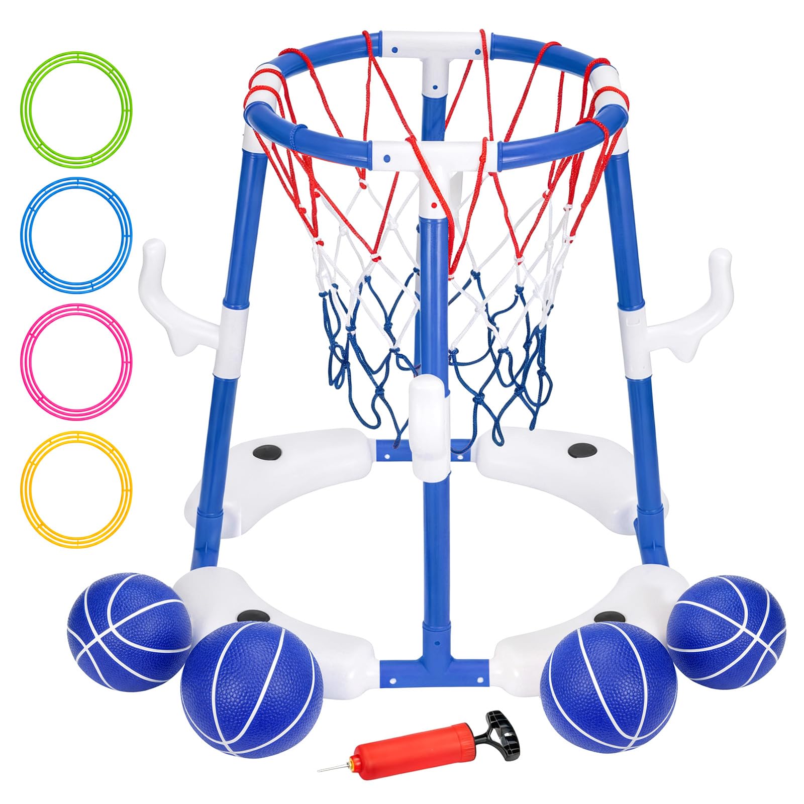 Schwimmender Pool-Basketballkorb, geeignet für Kinder und Erwachsene, inklusive 4 Poolbällen und einer Luftpumpe, aufblasbares Basketball-Spiel für den Pool Pool-Spielzeug-Basketballkorb (Blau)