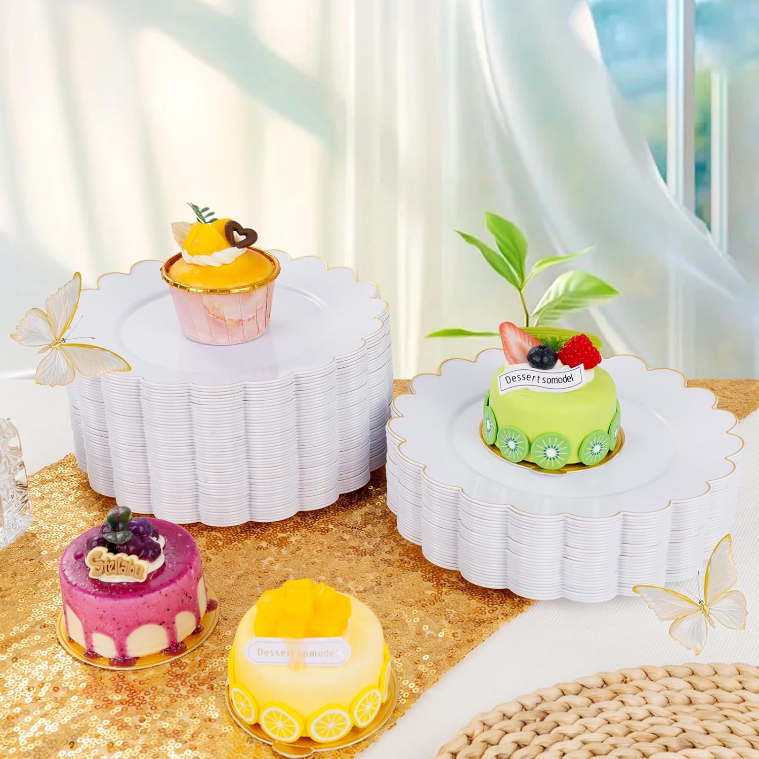 LIYH 100 Pcs Gold White Dessert Plates - 7.5" Disposable Fancy Cake Plates - White with Gold Rim Premium Hard Appetizer Cake Plastic Wedding Plate for Party,Bridal Shower,Birthday,Valentine's Day - Image 4
