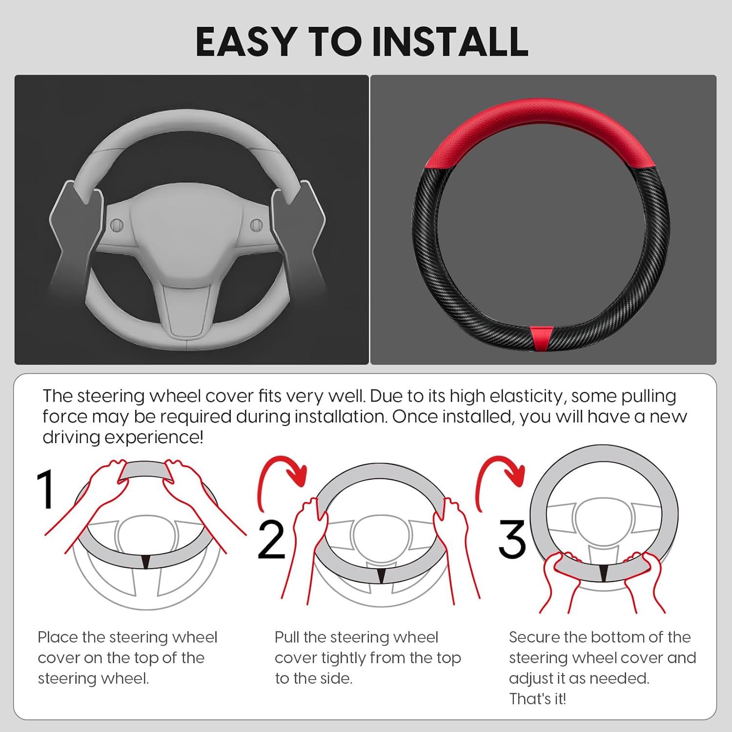 Carbon Fiber Steering Wheel Cover for Tesla Model 3/Y, Red Napa Leather, Easy to Grip, Tight Fit, Black Steering Wheel Covers for Model 3/Y Accessories (Red Napa-Carbon Fiber)