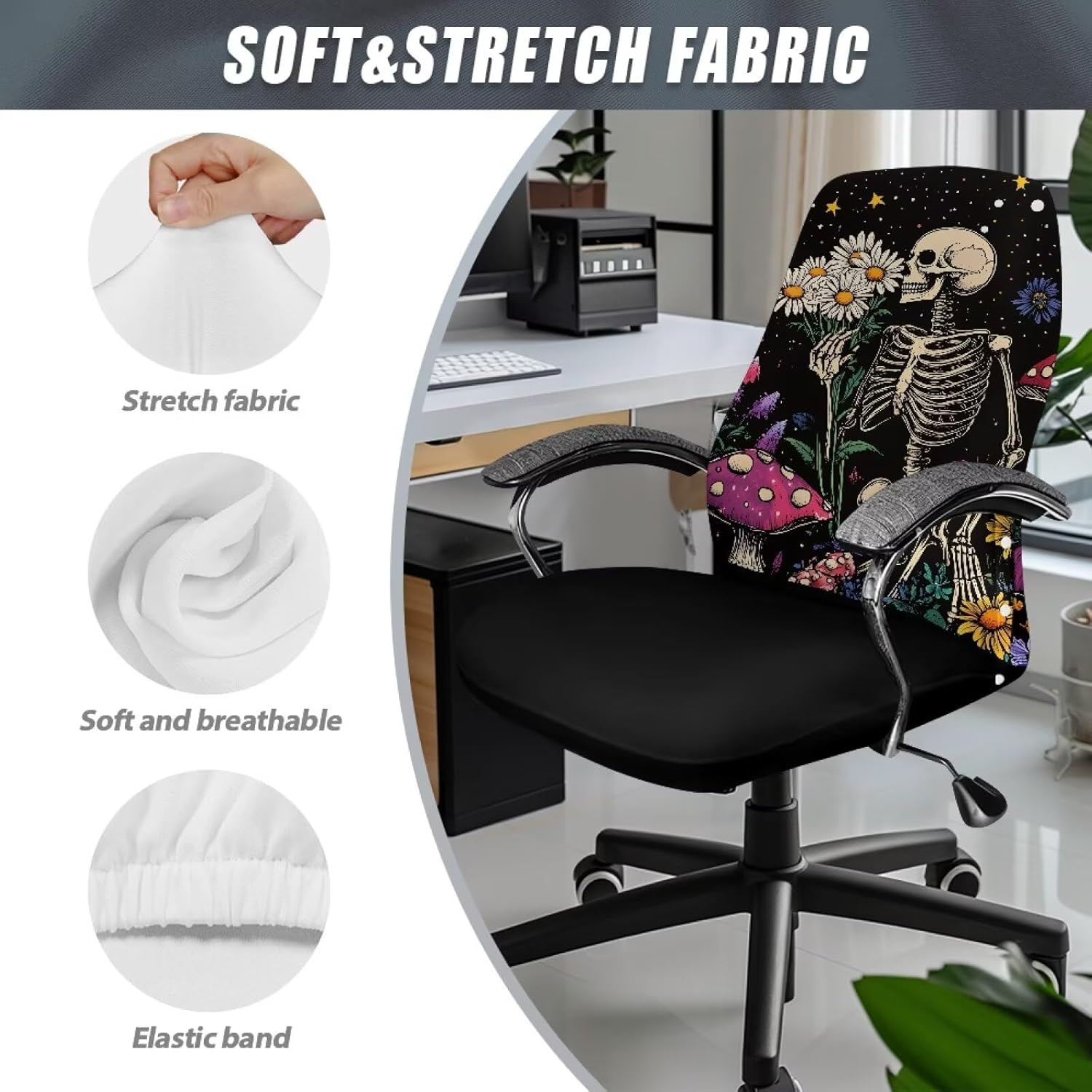 Skulls Mushroom Office Chair Cover Desk Chair Seat Cover Universal Executive Boss Chair Seat Covers Gaming Chair Covers High Back Chair Slipcover for Man Large Size