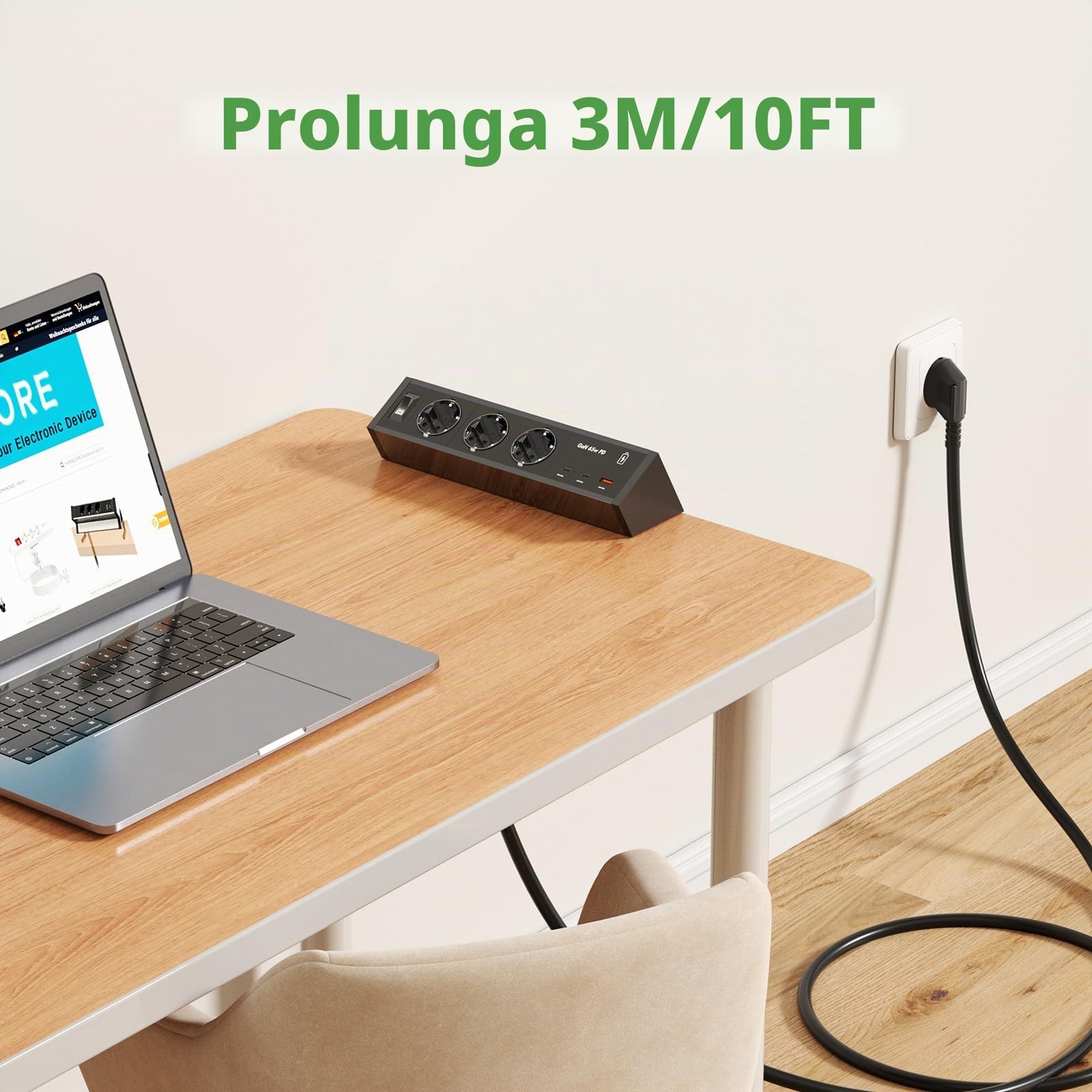 HANNELORE Presa da Tavolo con 2 USB C PD 65W, Alluminio Presa Multipla da Tavolo a 3 Vie Cavo 3 m, Presa da Tavolo Presa Multipla per mobili o Piani di Lavoro