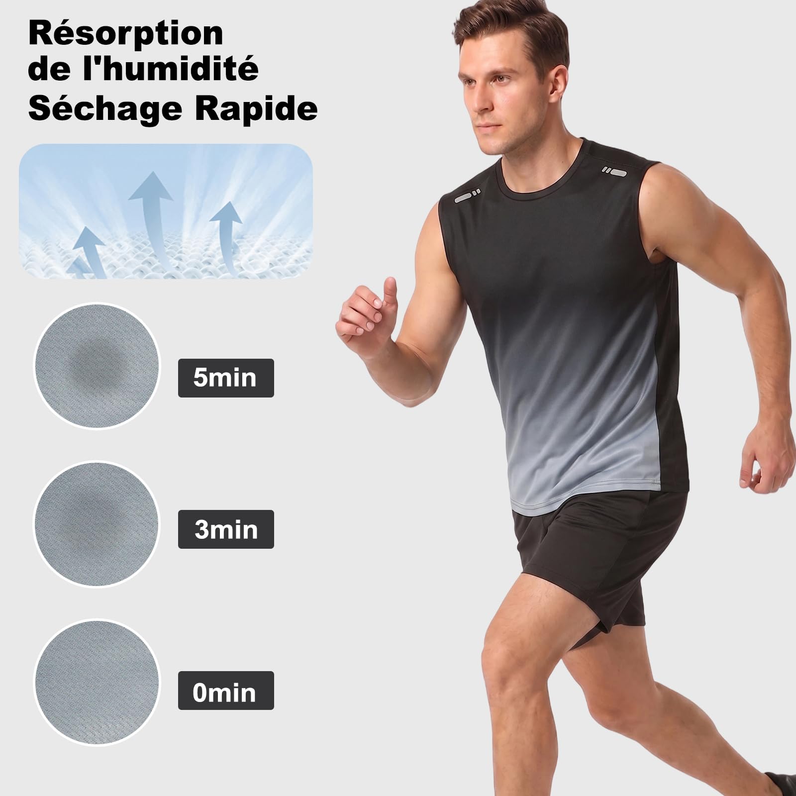 Débardeur Homme sans Manches Hommes Haut T-Shirt de Sport Respirante Extensible à Séchage Rapide Gym Maillot avec Bande Réfléchissante Gilet de Course pour Fitness Musculation Running
