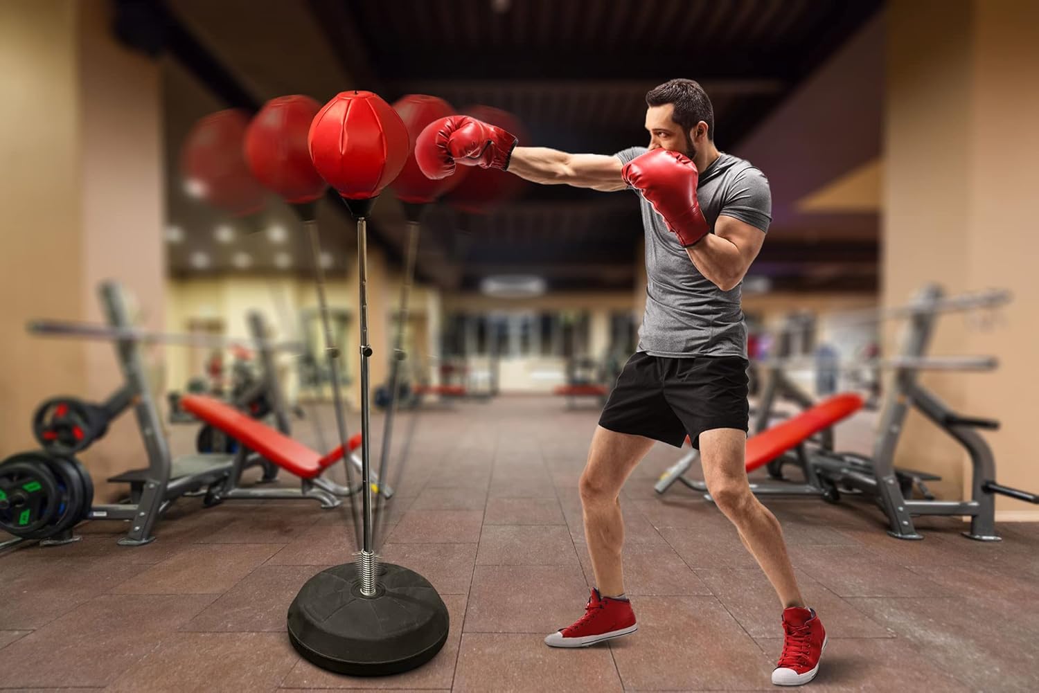 Freestanding Punching Bag with Boxing Gloves Set + Pump | Adjustable Height Boxing Bag Reflex Standing Speed Bag | MMA Fitness Training for Adults/Kids | Stress Relief Exercise Strength Train