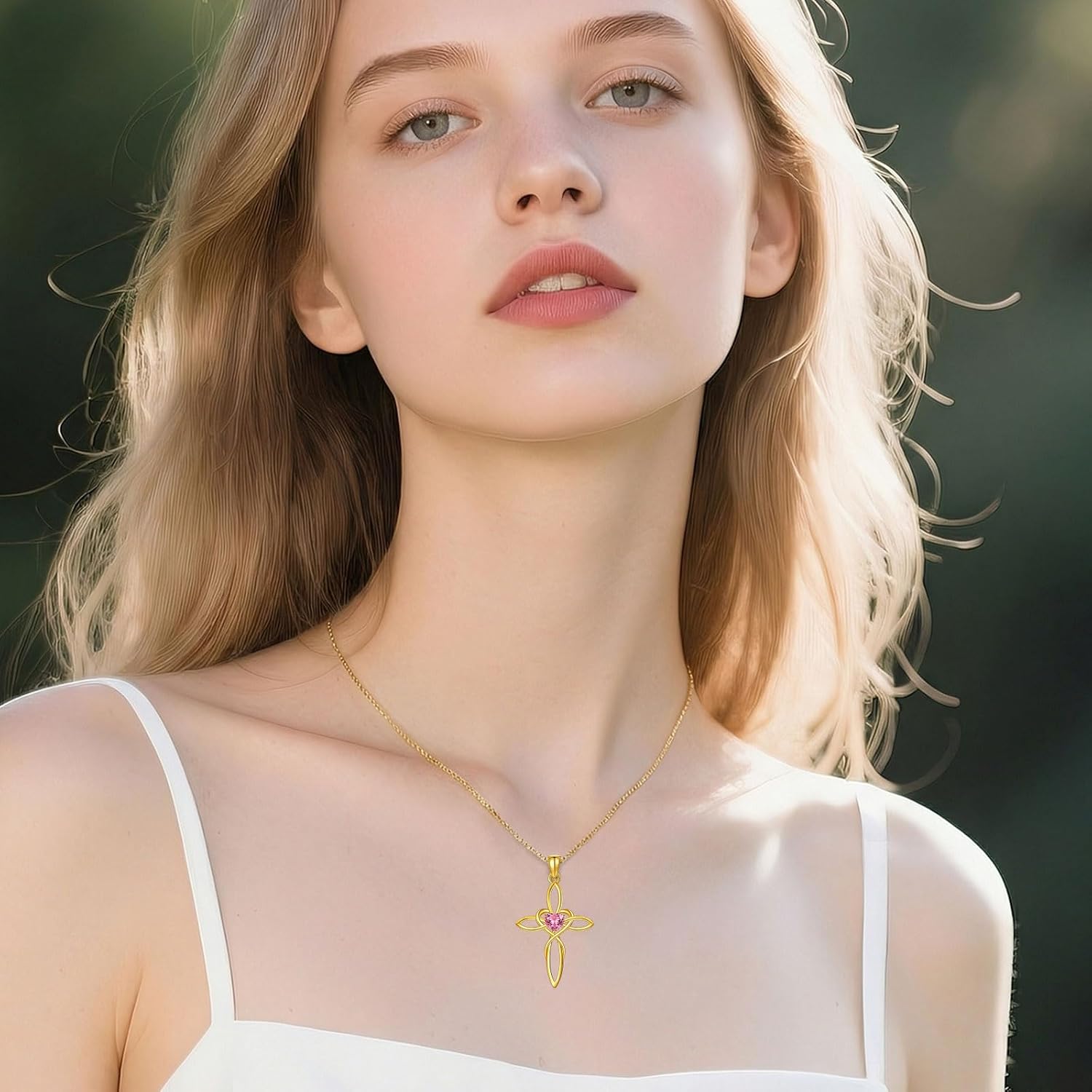 POIUY Celtic Knot Cross Birthstone Necklace for Women, 14KT Gold Plated Irish Infinity Heart Birthstone Cross Pendant Religious Jewelry Valentines Birthday Christmas Baptism Faith Gifts for Mom Wife Her