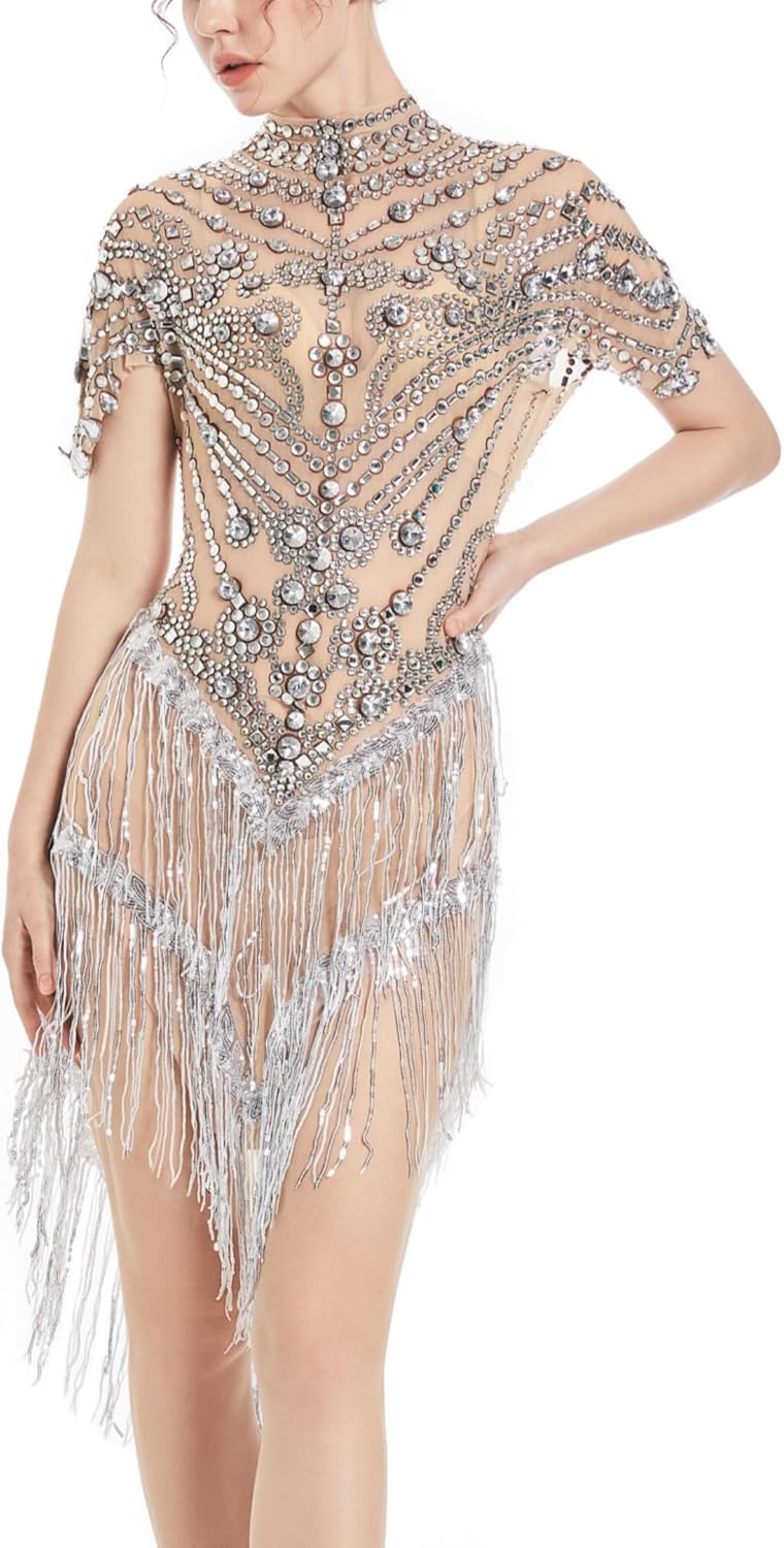Latin Jazz Fringe Crystals Dress for Women Sparkly Short Sleeve Mesh See Through Singer Dancer Birthday Party Drag Queen Costume