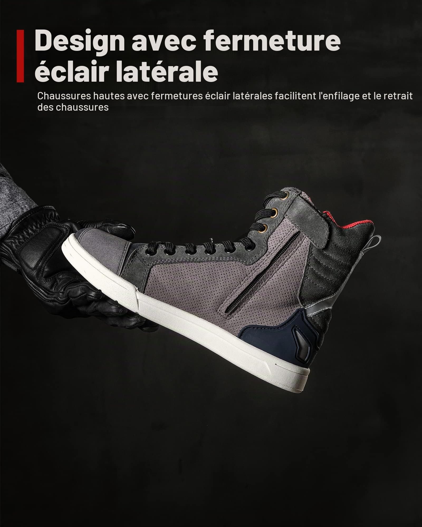 BORLENI Chaussures de moto pour homme ou hiver - Bottes de moto décontractées et respirantes - En cuir - Fermeture éclair - Avec coussinet de levier de vitesse - Semelle antidérapante