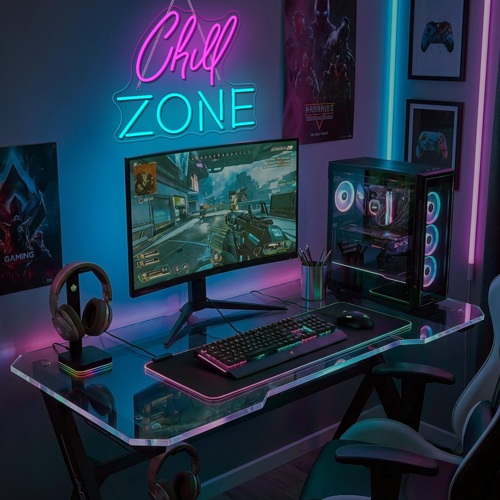 Insegna al neon Chill Zone per salotto, sala giochi, bar, caverna dell'uomo, camera da letto, decorazione da parete, insegna al neon a LED alimentata tramite USB, 15,35" x 12,6"