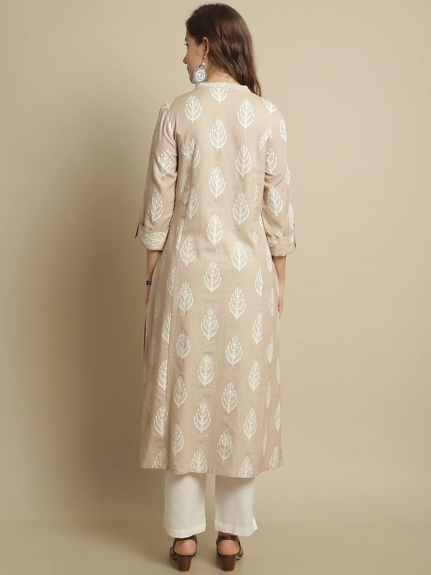 Pistaa's Women's Cotton Regular Printed Regular Fit Kurta (Large, Skin) 3