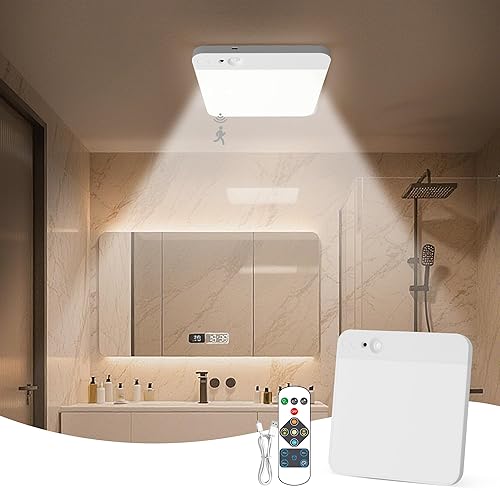 KINDEEP Motion Sensor Ceiling Light: Wireless Closet Light Battery Operated, Cordless Overhead Shower Light for Bathroom, Garage, Hallway, 3 Color Temperatures Dimmable, White Shade 1Pack - White - 1.0