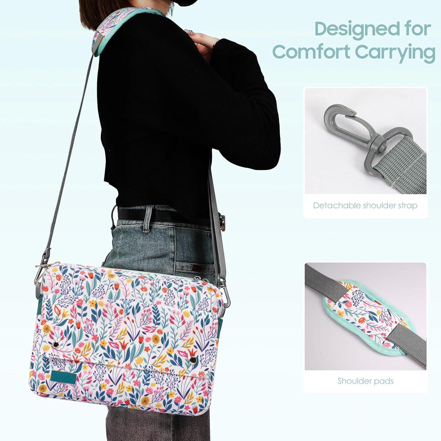 TiMOVO 9-11 Inch Tablet Sleeve Bag with Shoulder Strap Fits iPad 11-inch A16 2025, iPad 10th Gen. 10.9", iPad Gen. 10.2", iPad Air 11/5th/4th Gen. 10.9", Galaxy Tab A9 Plus 11", Flowers - Image 5